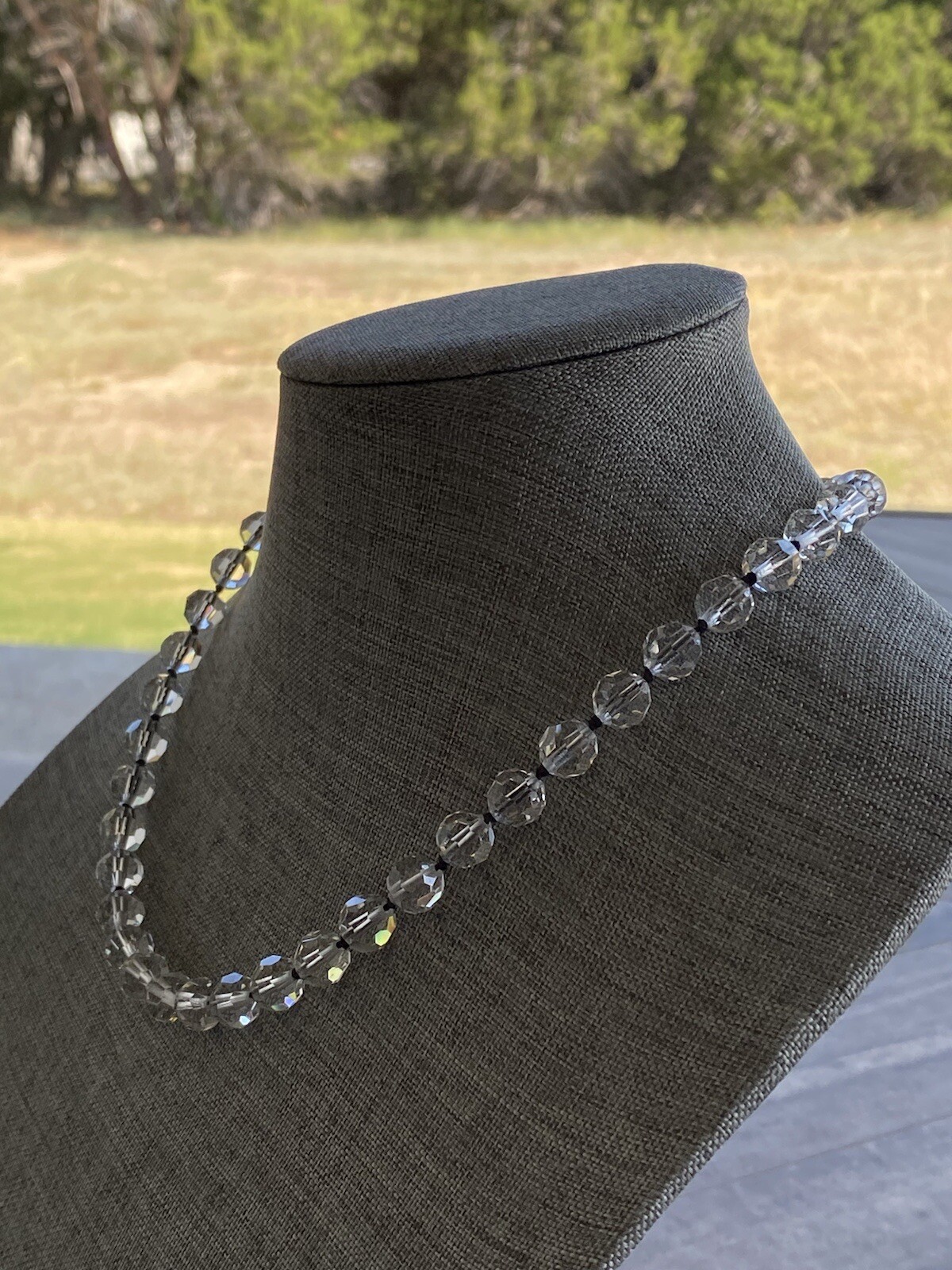 Necklace Faceted Crystal Glass Beads Clear Black Thread Knotted Artisan 21”