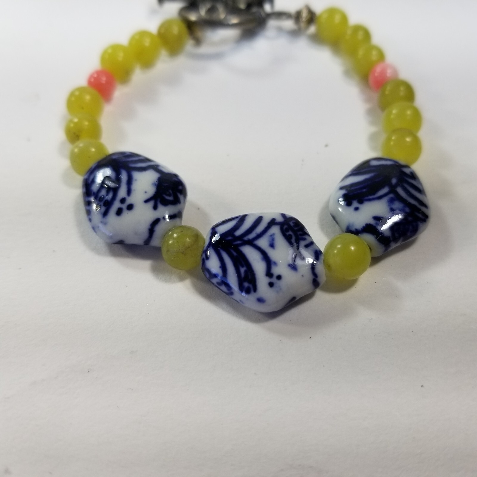 Bracelet Blue White Porcelain with Lemonade Yellow Glass Beads Toggle Closure