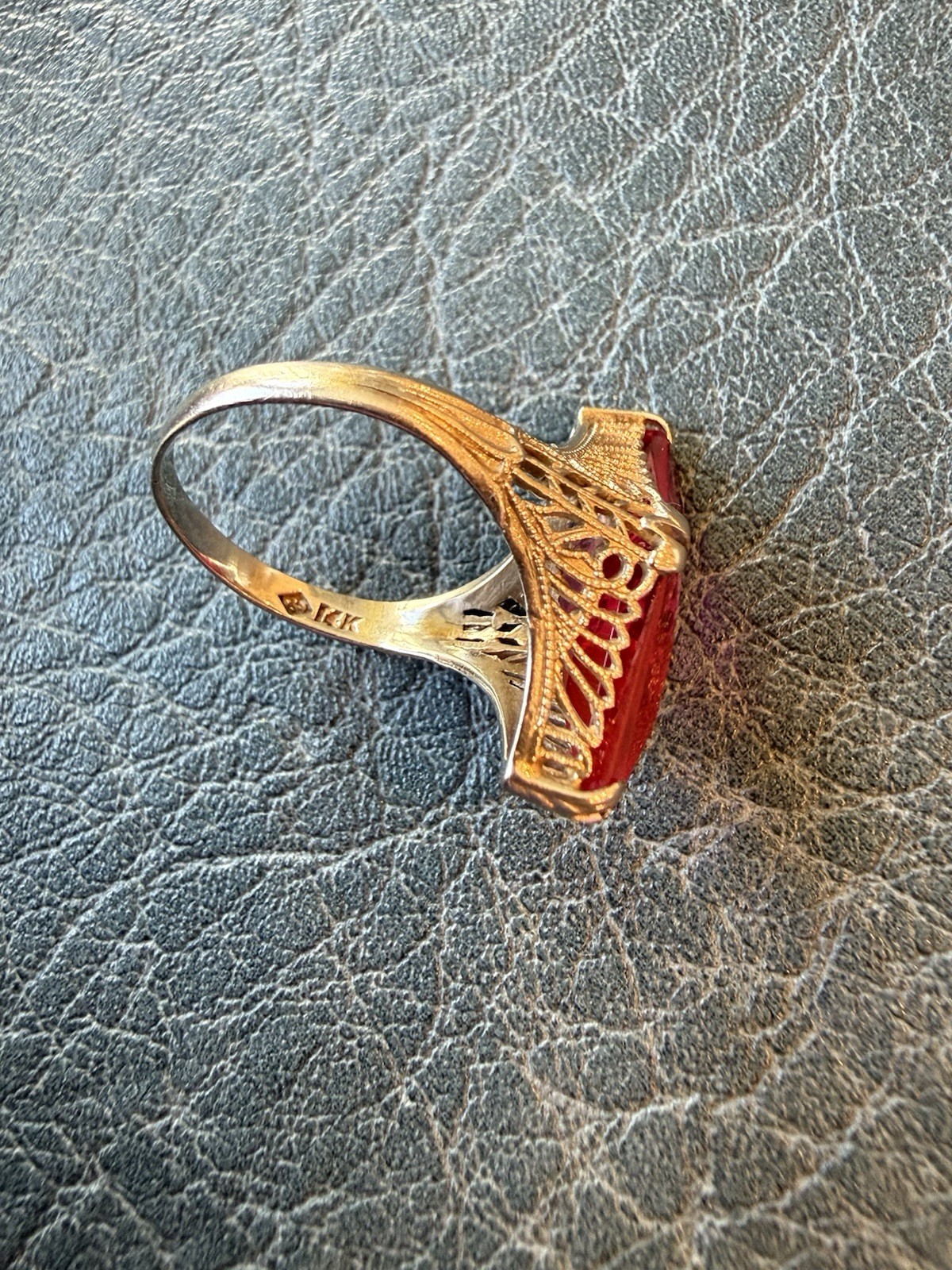 Antique Art Deco 14k White Gold Filigree Ring with a Kite Cut Ruby lab created
