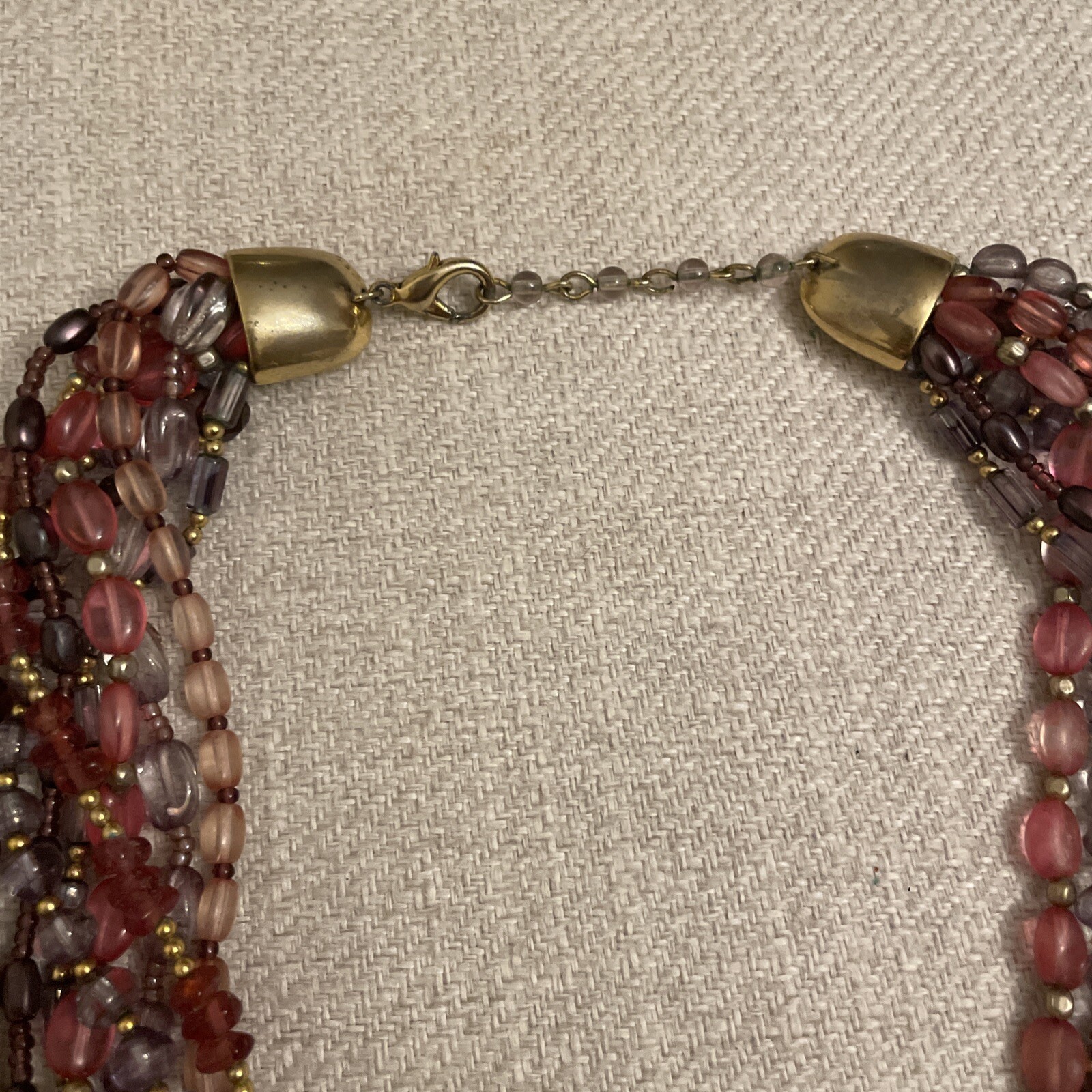 Vintage boho Multi Strand Beaded purple Pink Red Glass Gold Tone Necklace