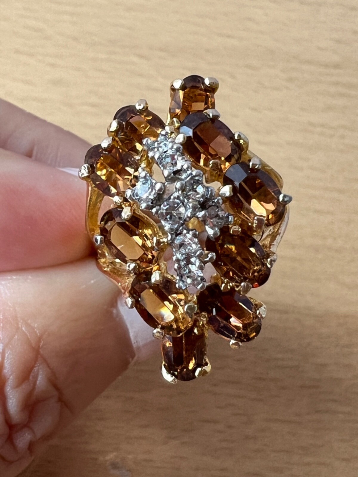 VINTAGE LARGE FAUX CITRINE GLASS CZ CUBIC ZIRCONIA COCKTAIL DRESS RING STATEMENT