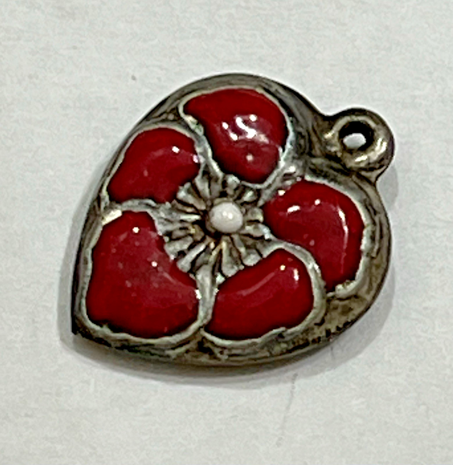 Sterling Silver Heart Flower Charm Puffy Enamel Pansy 925 Vintage Stamped Red US