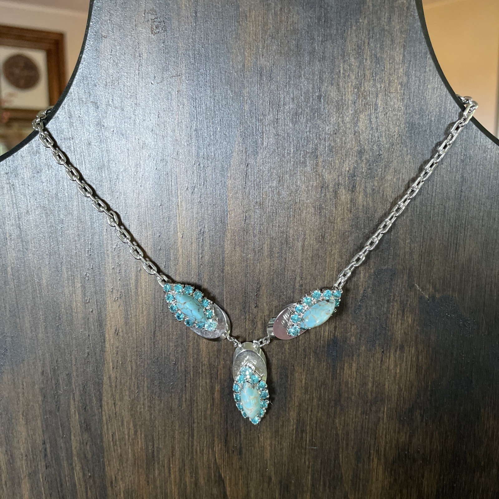 Vintage Rhinestone & Turquoise Silver Choker Necklace