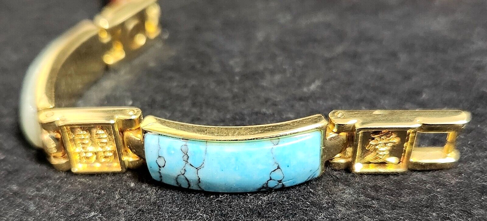 Vintage Chinese Jade Turquoise Tigers Eye Gold Tone Magnetic Link Bracelet 7.5″