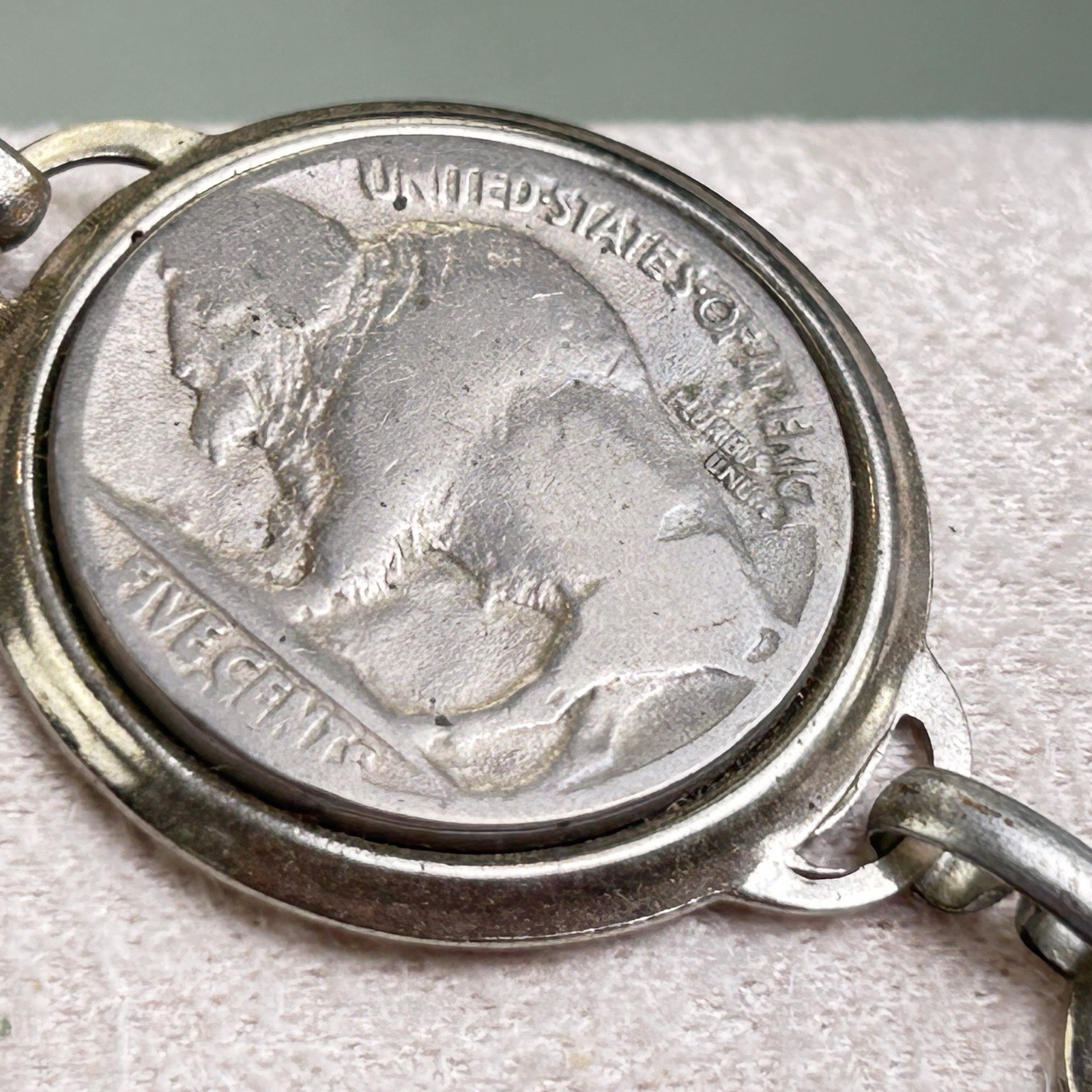 Vintage Indian Head Buffalo Nickel Coin Link Bracelet Silver Tone USA