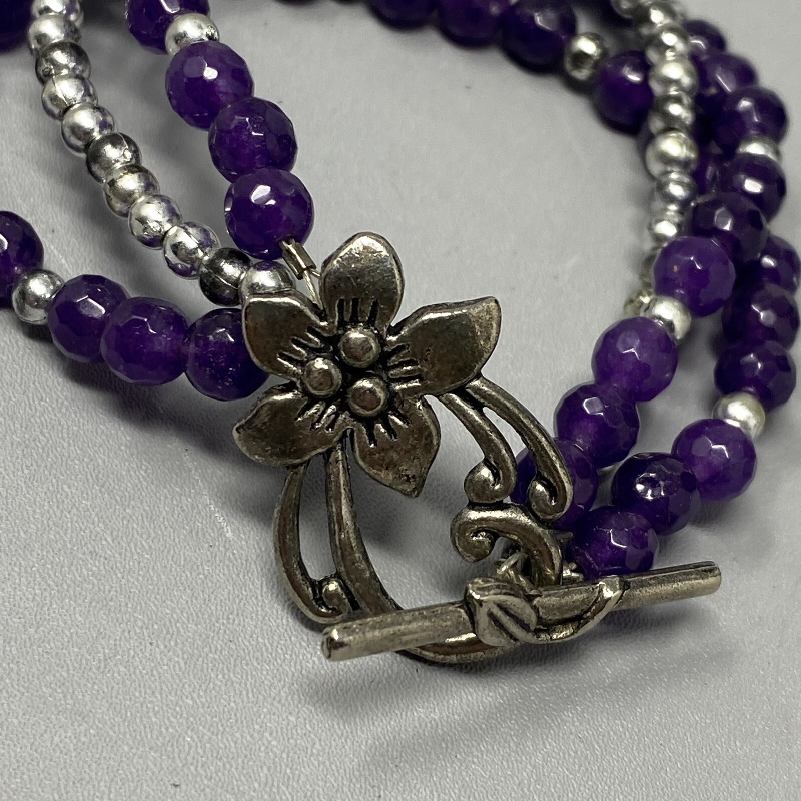 Amethyst Bracelet Purple Gemstone Faceted Stone Beads Layered Flower Toggle 6.75