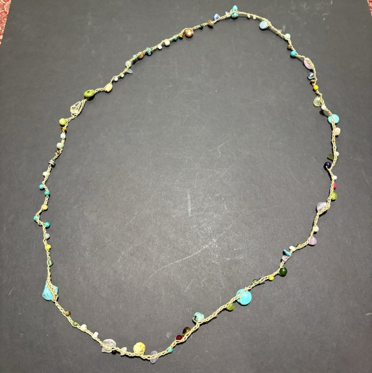 VTG HANDMADE BOHEMIAN STYLE HEMP CORD NECKLACE WITH NATURAL GEMSTONES 40″