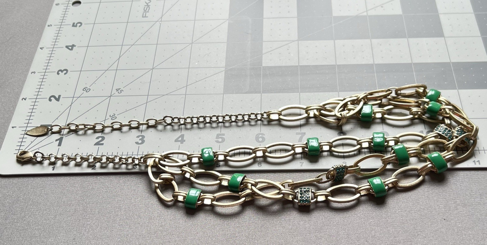 Coldwater Creek Green Enamel Blue Rhinestone Multi Strand Necklace Gold Tone