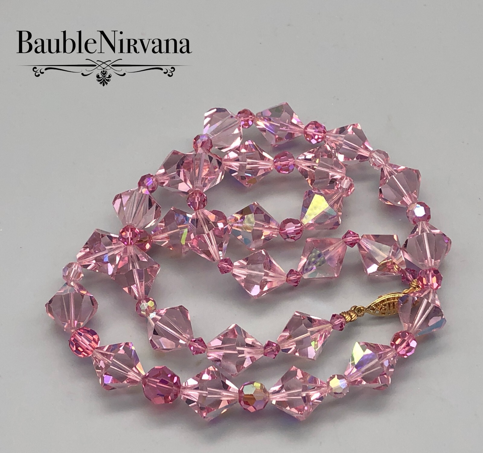 Vintage Brilliant Aurora Borealis Pink Austrian Crystal Beads Strand Necklace