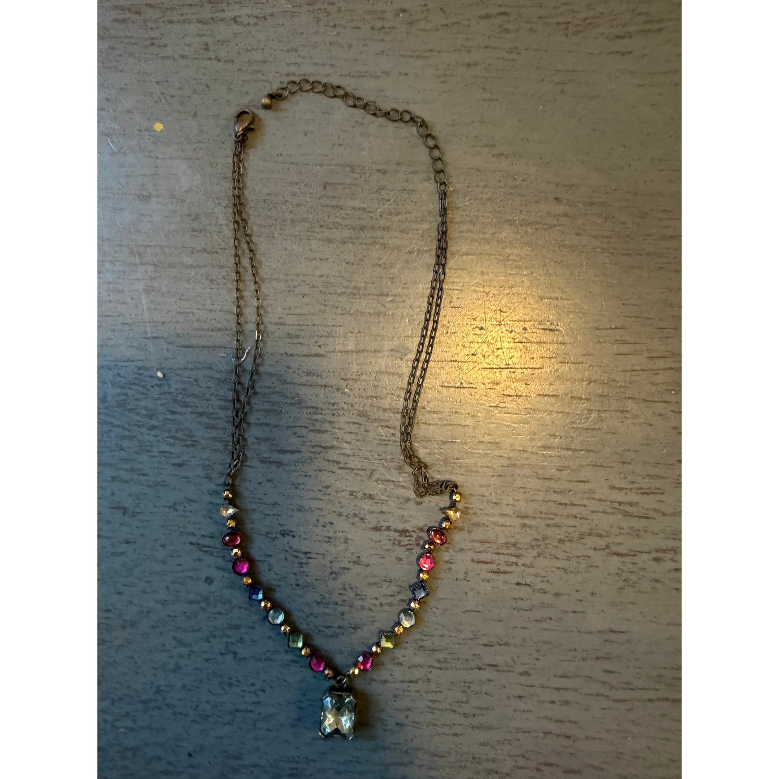 Vintage Multi Color Rhinestone Pendant Necklace Antique Brass Double Chain 18 In