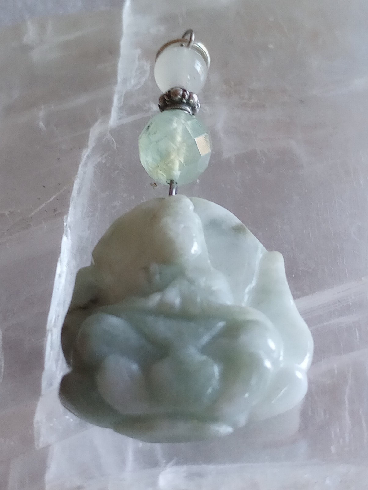ESTATE HAND CUT JADE QUAN YIN ON A LOTUS W/ HEALING WATER PENDANT JEM STONES