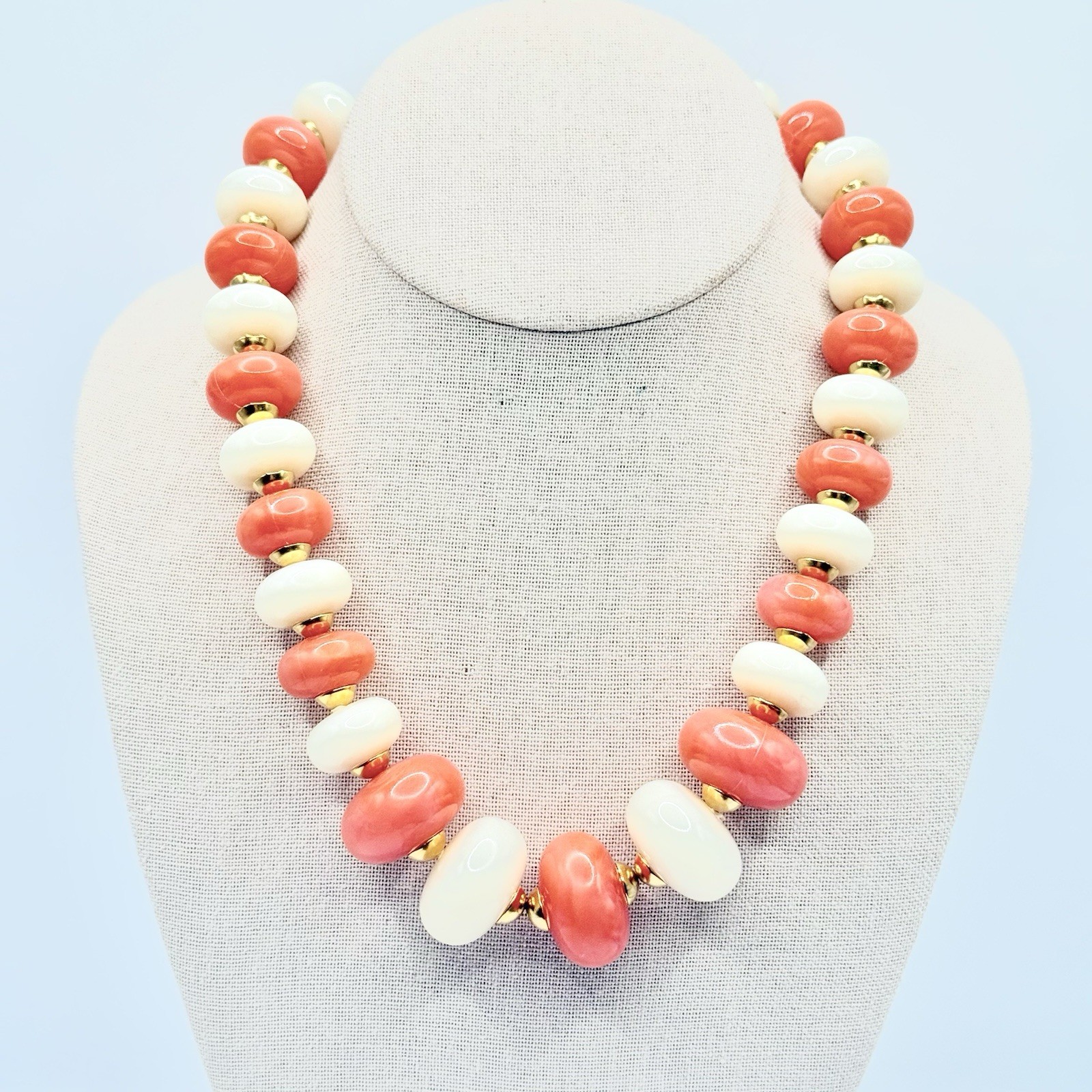 Vtg Chunky Necklace Choker Mid Century Orange Cream Lucite Beads Gold Caps R