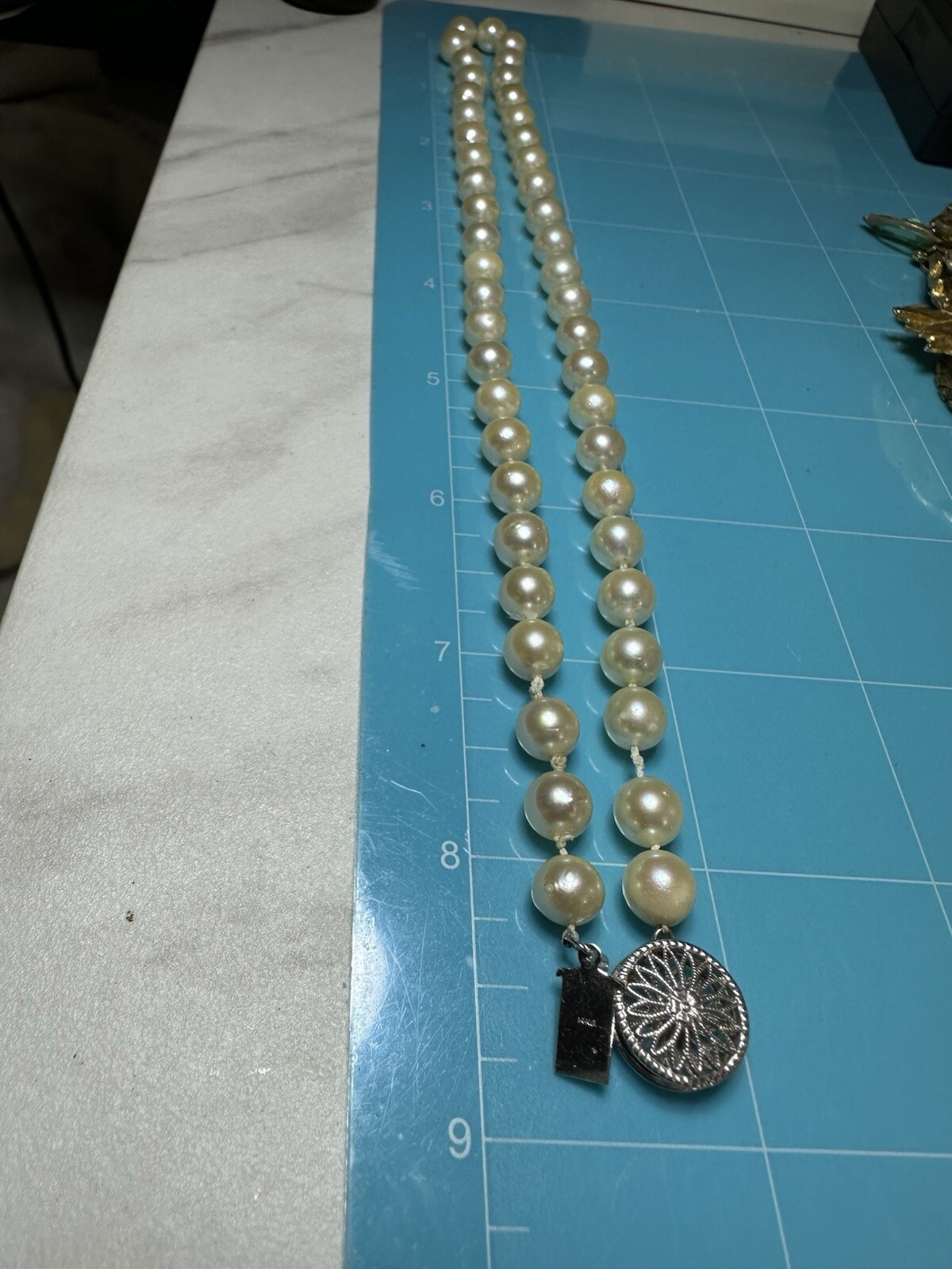 VTG Genuine Cultured 7mm Pearl Necklace W Signed 14K Gold Clasp 17.5” 27.39g