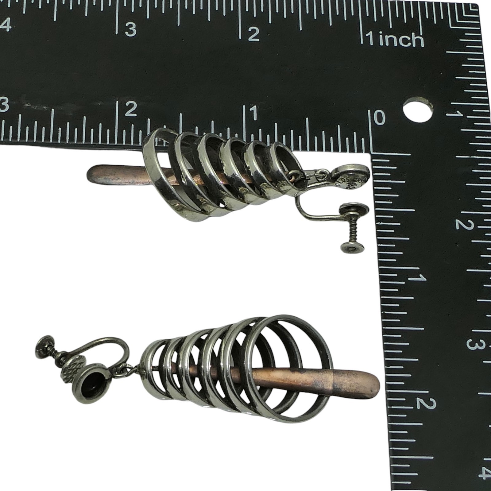 Los Castillo Sterling Copper Dangle Earrings #122 Taxco Mexico Modernist 2 1/4″