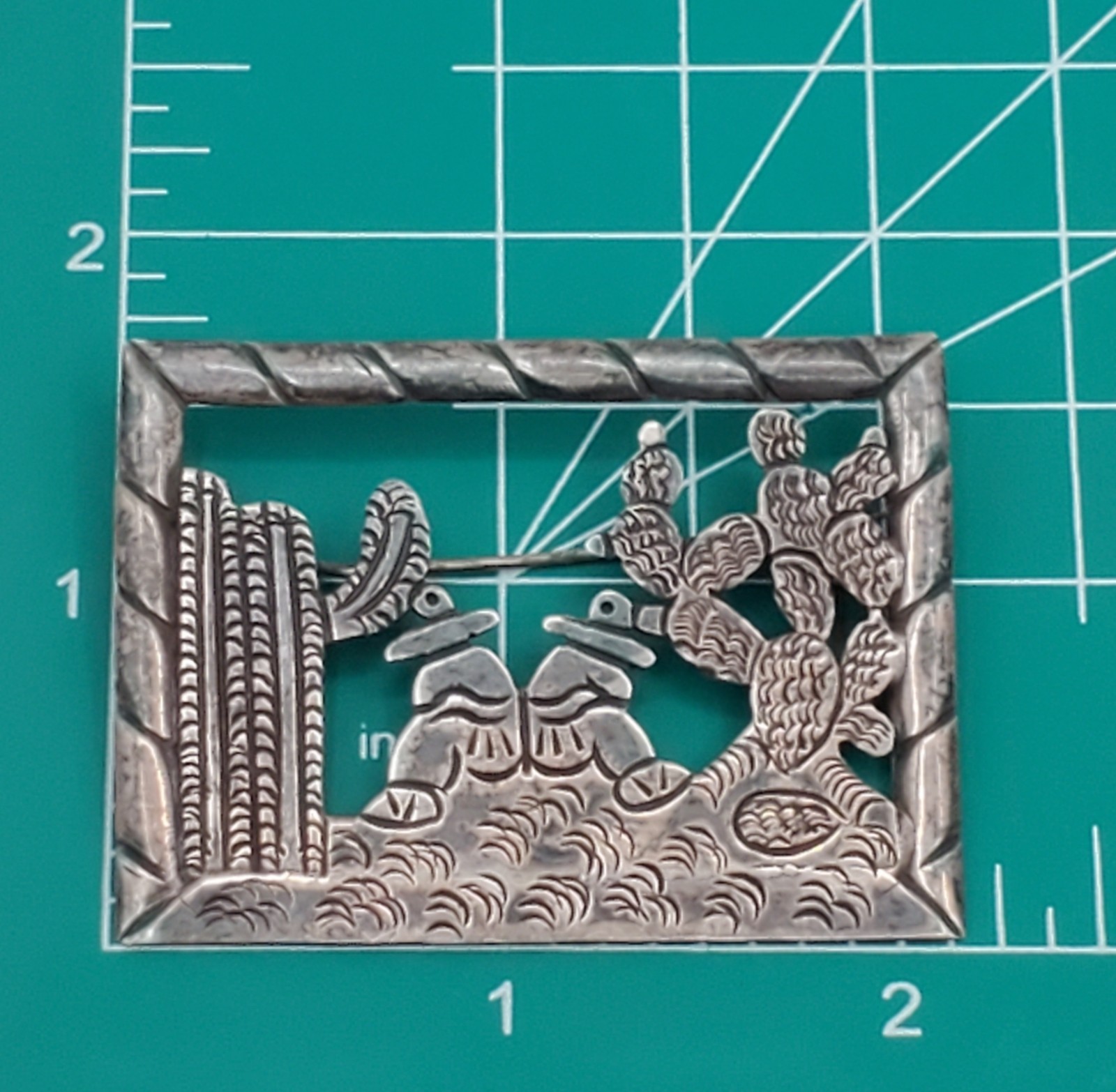Mexican 980 Silver Brooch 2in Siesta Men Cactus Scene Handmade 17.1g Fine VTG
