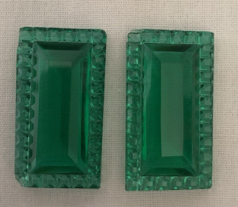 Lot of 2 Emerald Green Rectangle Faceted Stones-Double Sided-Circa 40’s – 50’s