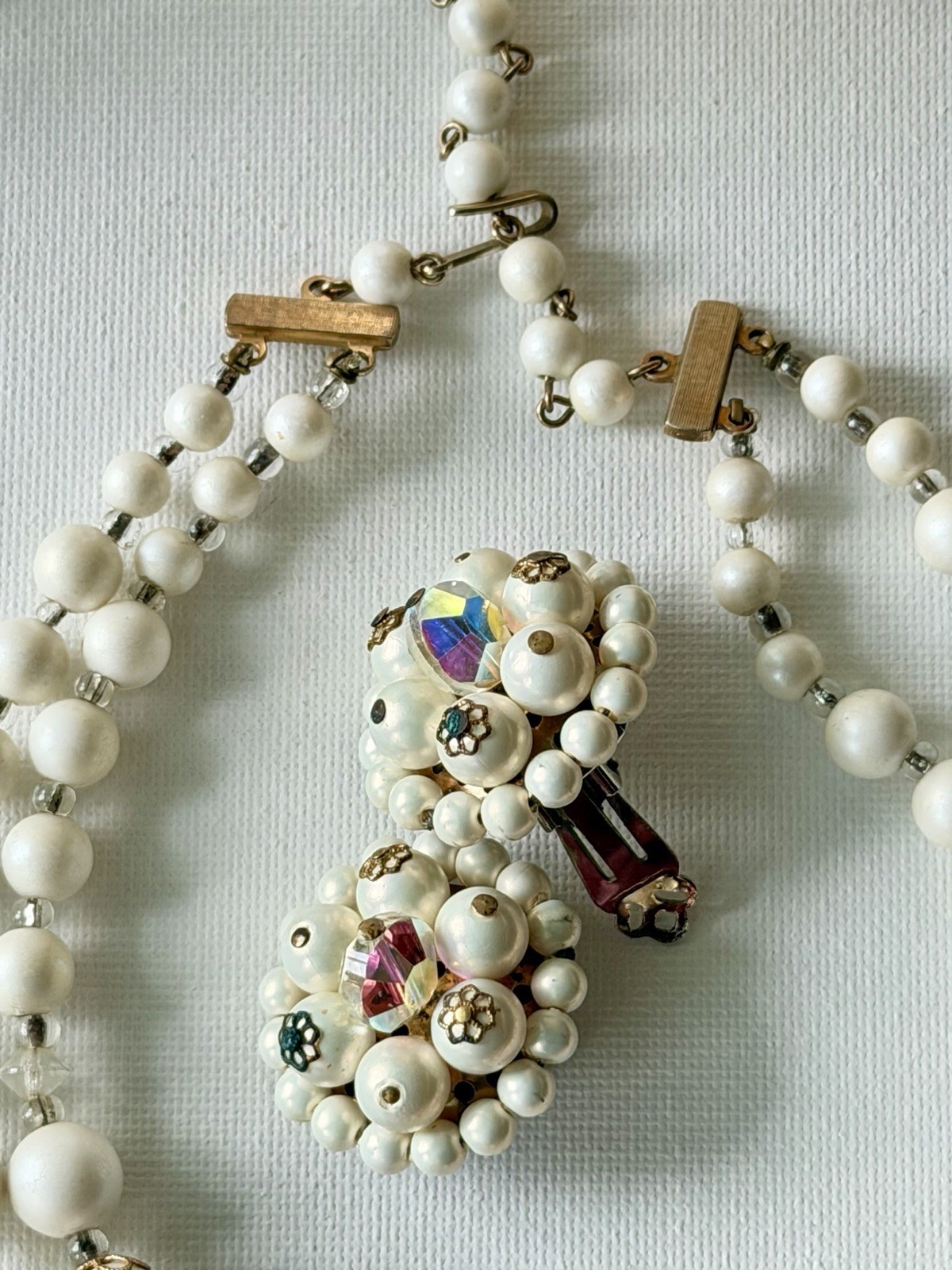 Vintage White Satin Bead Necklace & Clip On Earrings Set AB Crystal Bridal