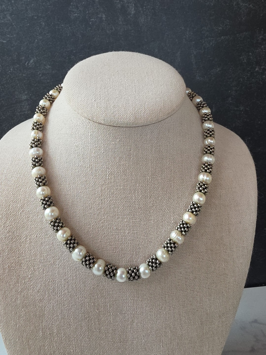 Real Pearl Silver Tone Metal Beaded Necklace Toggle Closure Vintage