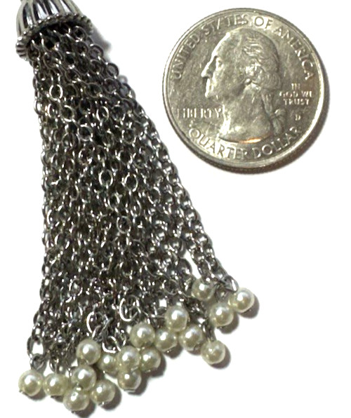 Vintage Jewelry Necklace Silver Chain Dangle Tassel Faux Pearl Beaded Drop 15