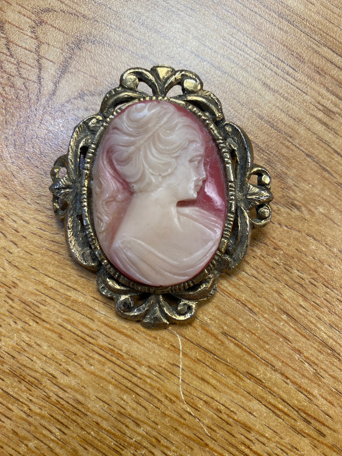 Bronze Tone Brooch with Pink Cameo