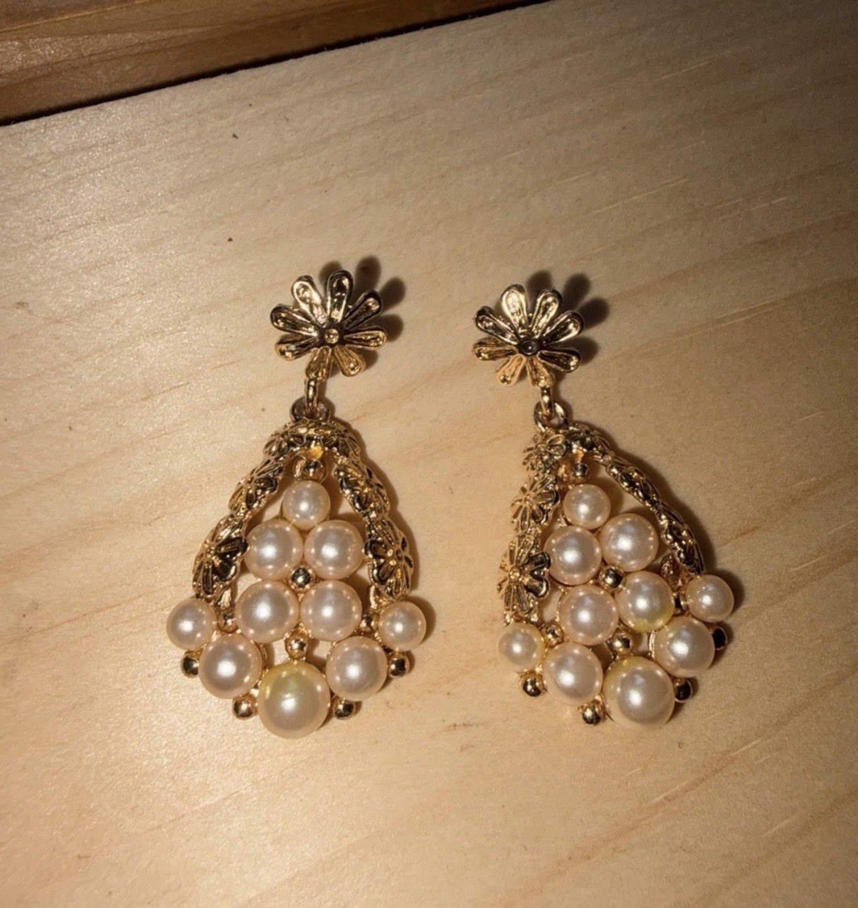 Vintage Faux Pearl Chandelier Dangle Earrings Gold Tone with Floral Post