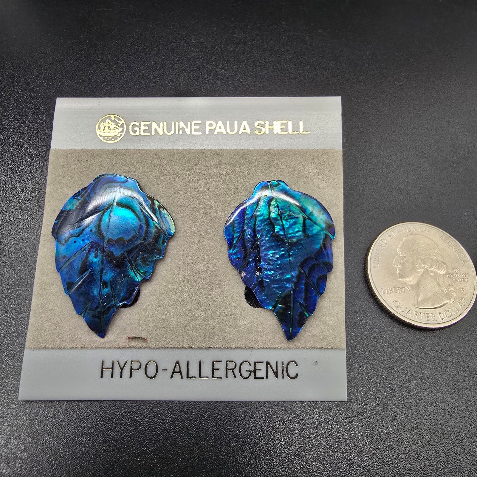 Blue Carved Leaf Paua Shell Earrings Pierced Post On Card