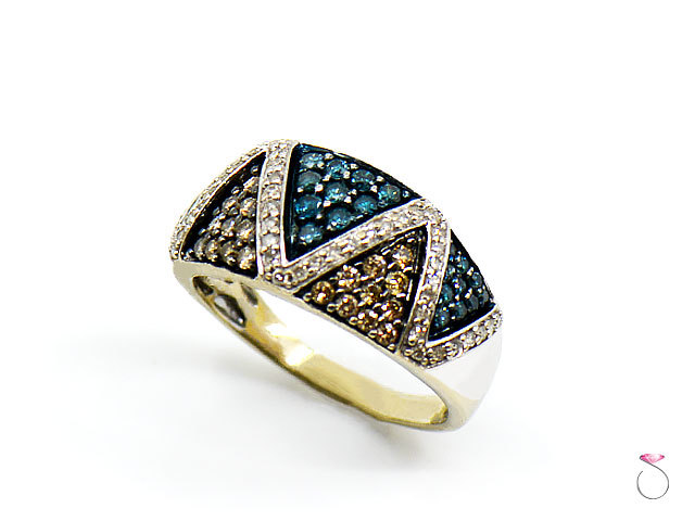 Beautiful Blue, Champagne & White 2.50 ct diamond Ring, 14k White Gold Band SZ 9