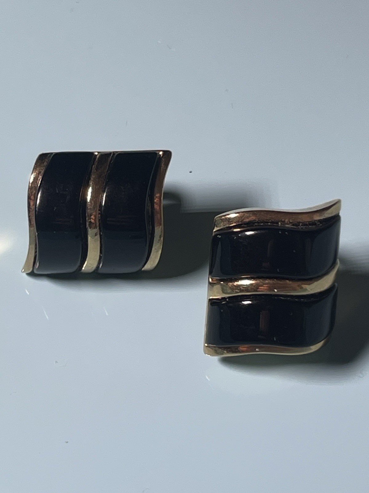 Vintage Black Enamel Gold Tone Clip On Earrings Wave Design Statement Earrings