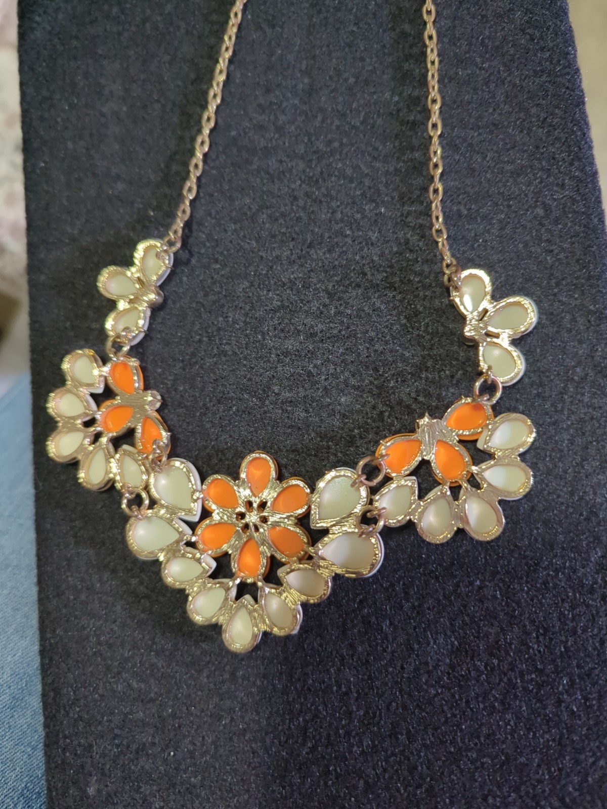 BIB Gold tone Orange & Cream with Rhinestones Scoop Necklace Vintage 70s
