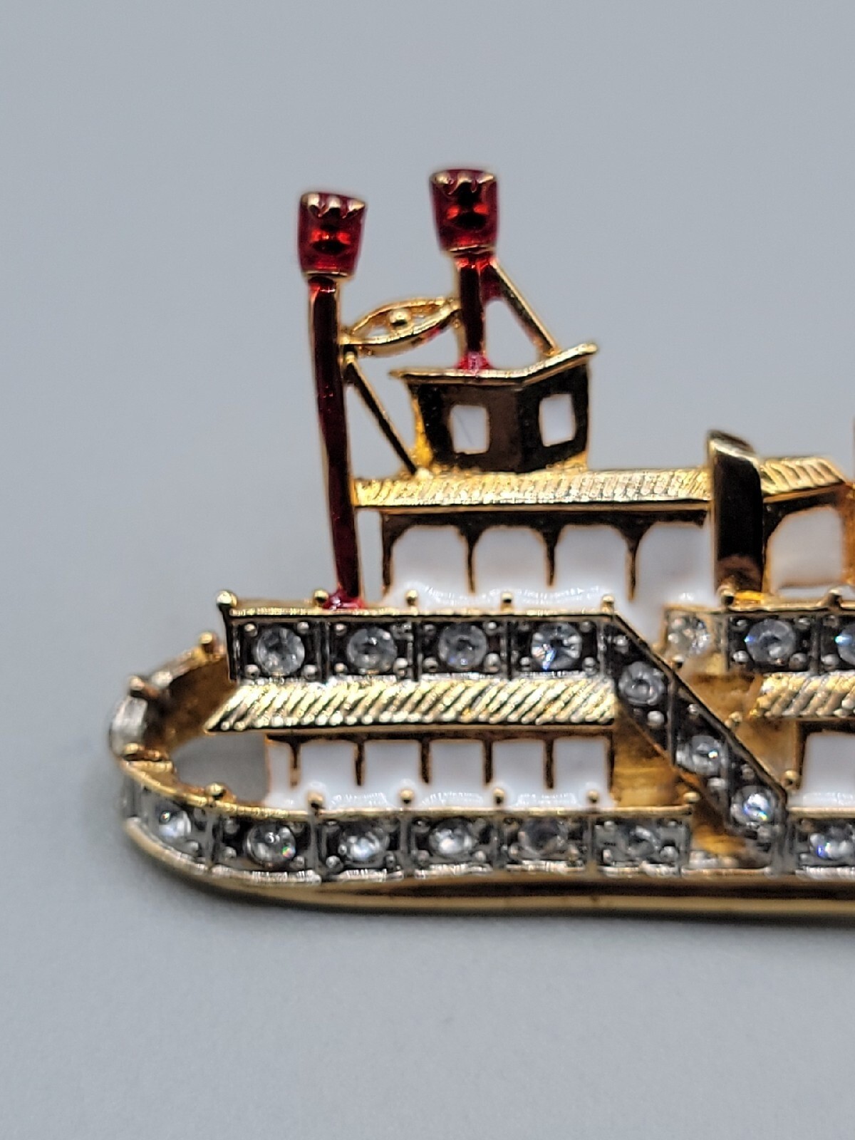Vintage L-S Louis Stern Steamboat Brooch Pin Rhinestone Studded Gold Tone Estate