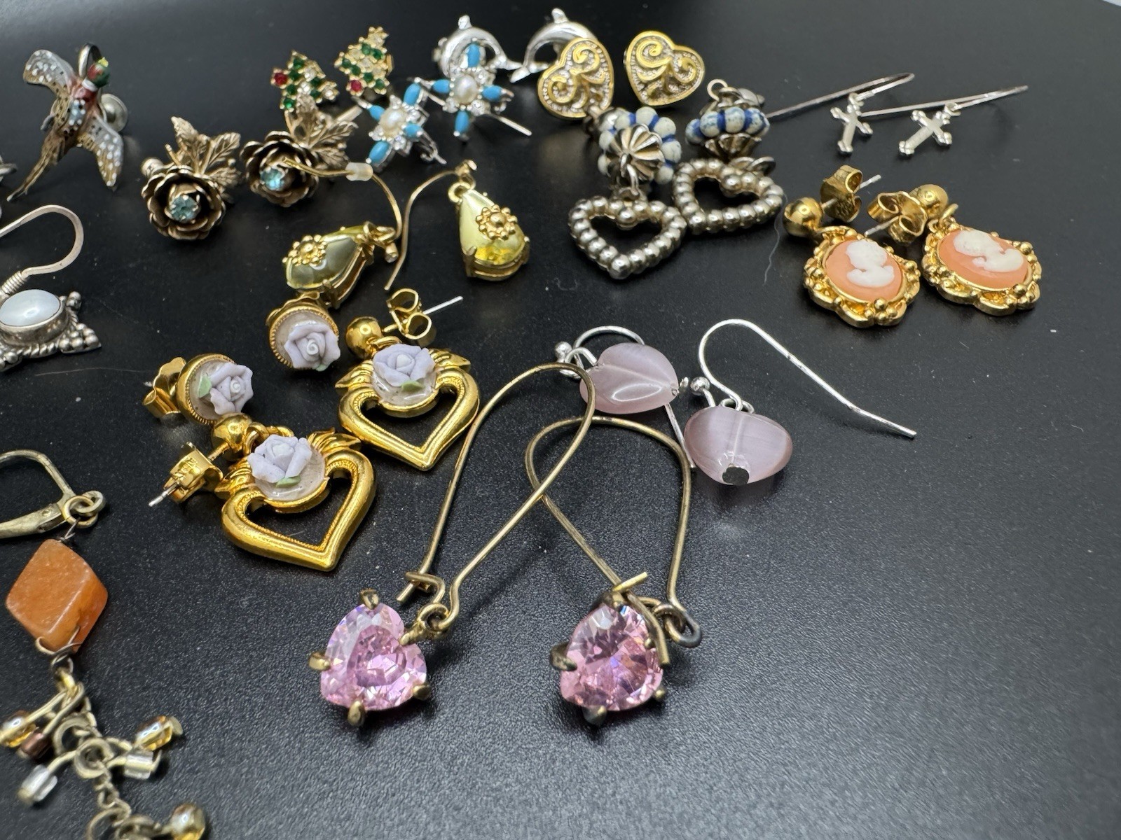Vintage Earrings Lot 17 Pairs Avon Cameo Heart Dangle Rose Bird Mixed Styles