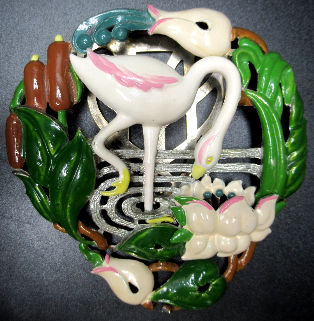 Amazing HUGE Enamel Bird in Pond Garden Vintage Dress Clip