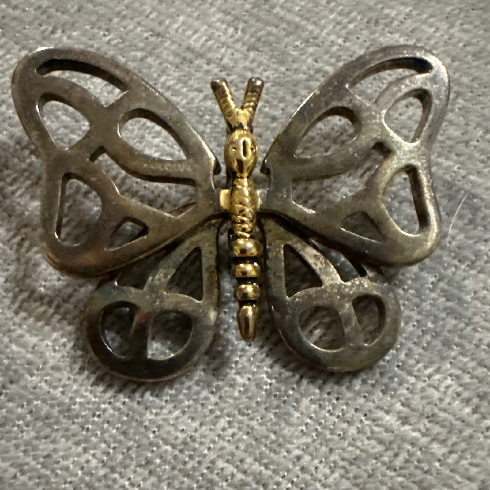VTG Large mixed metal butterfly pendant Modernist Silver Gold Silver Plate