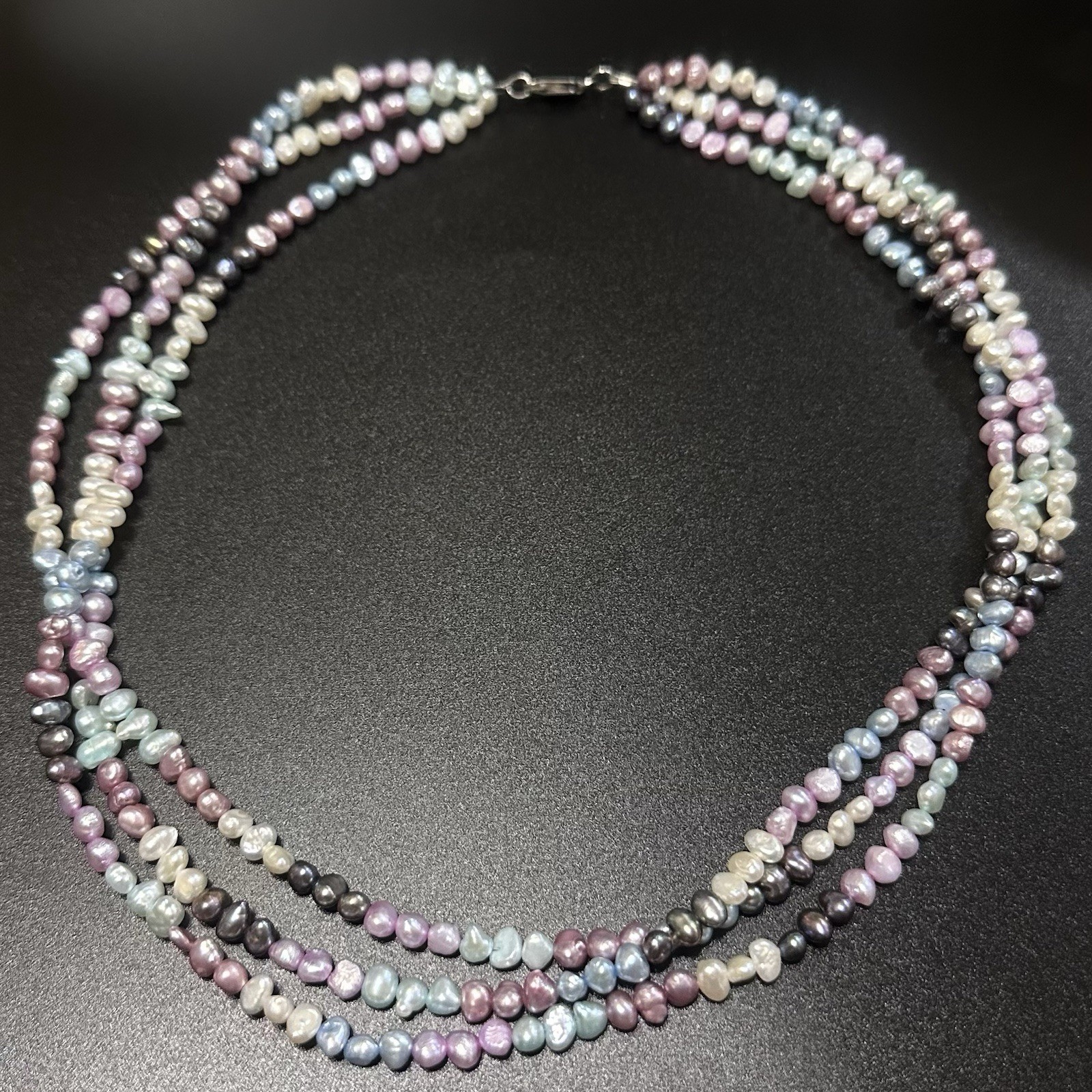 NICE ESTATE STERLING SILVER PINK BLUE PURPLE PEACOCK PEARL 3-STRAND NECKLACE 20”