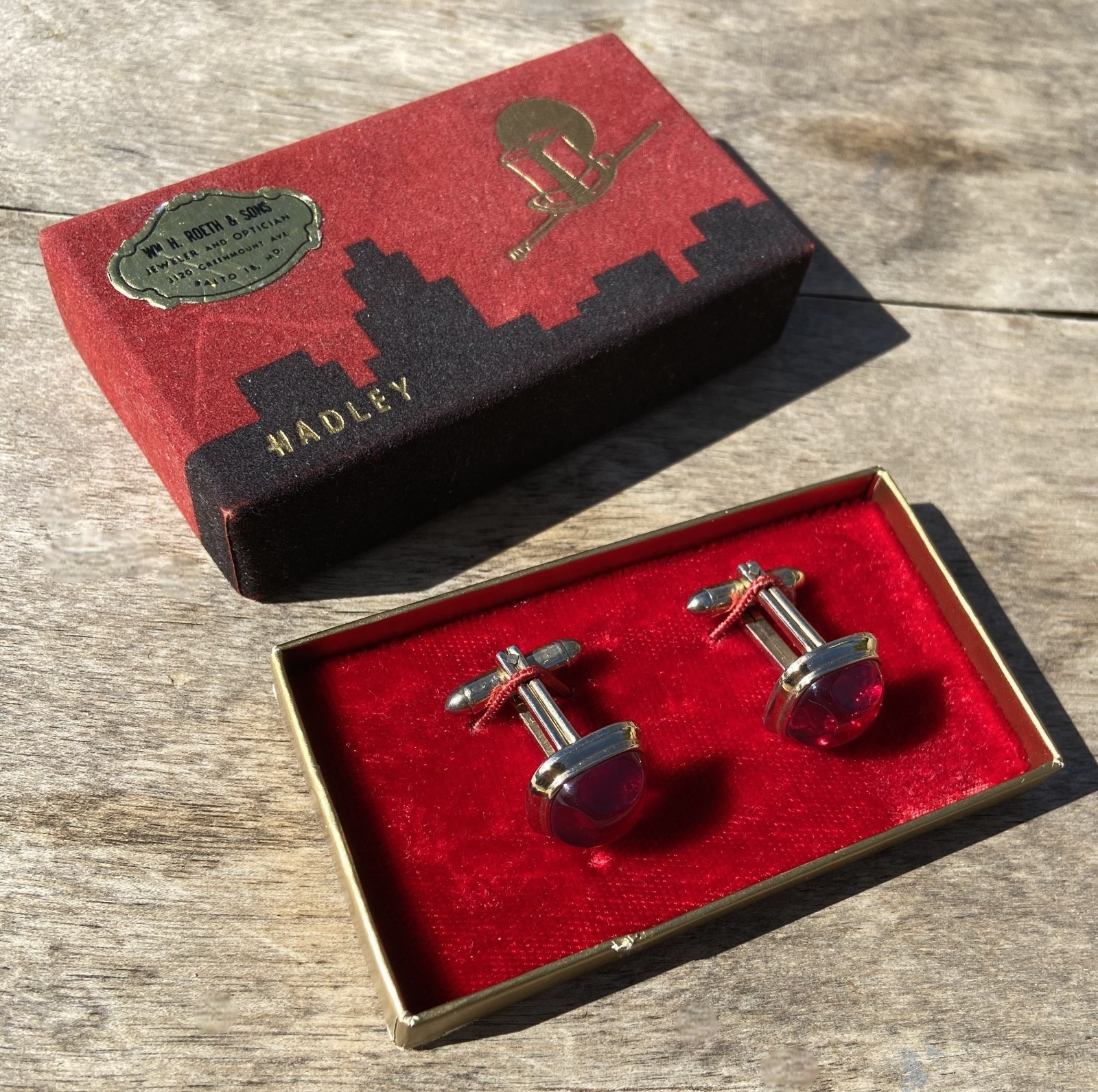 Vintage HADLEY Simulated Red Gemstone Cufflinks Original Box & Jeweler’s Label
