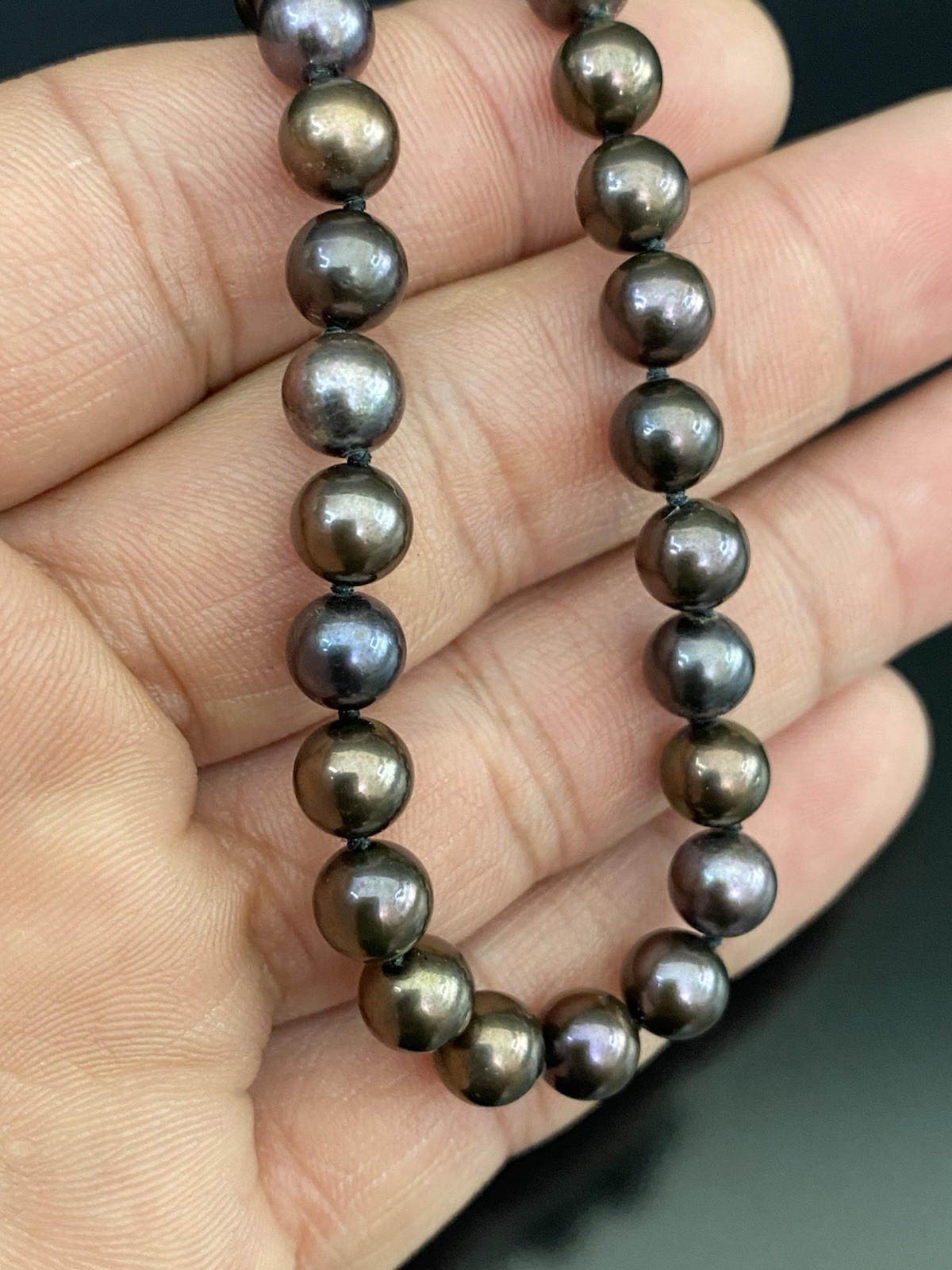 14K White Gold Fish Hook Clasp 6mm Hand Knotted Round Tahitian Pearl Necklace
