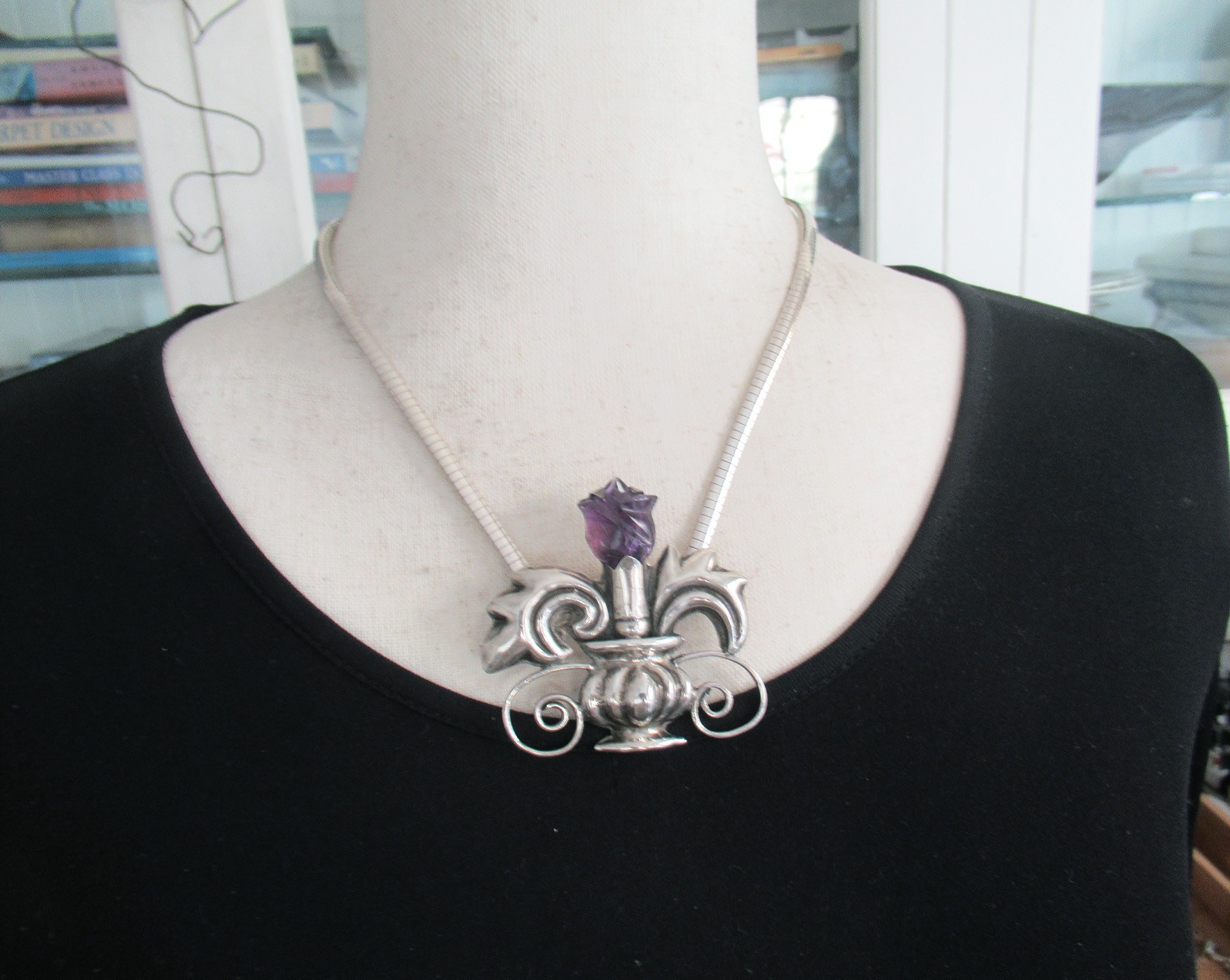 SPRATLING ERA STERLING BROOCH w AMETHYST FLOWER, 2 3/8 INCHES