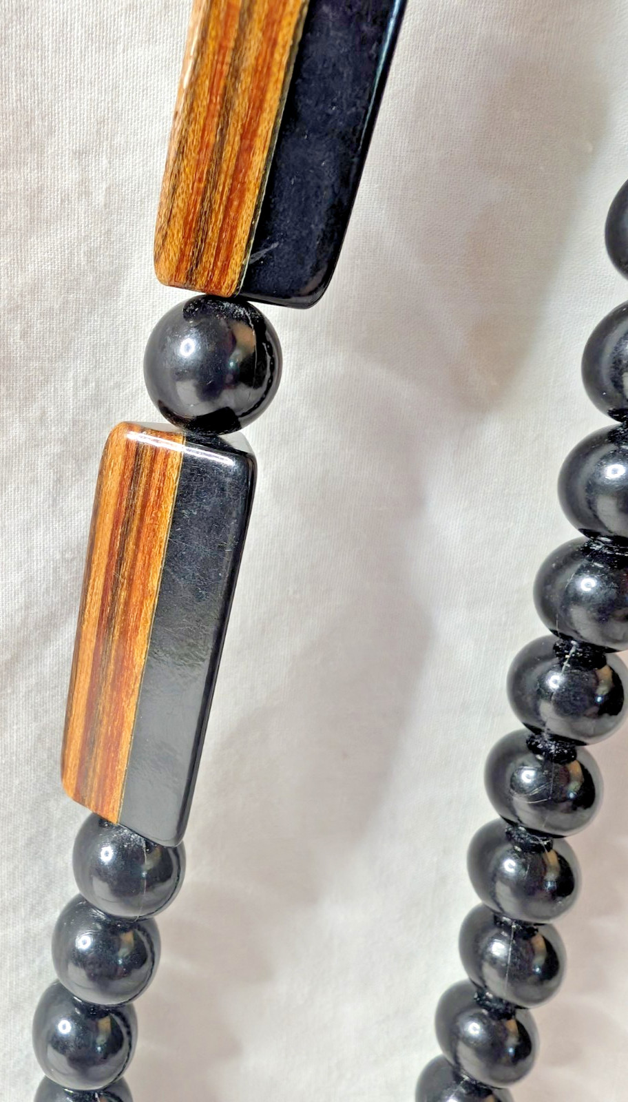 Vintage Lucite and Wood Statement Beaded Necklace Black Brown Laminated Triangle