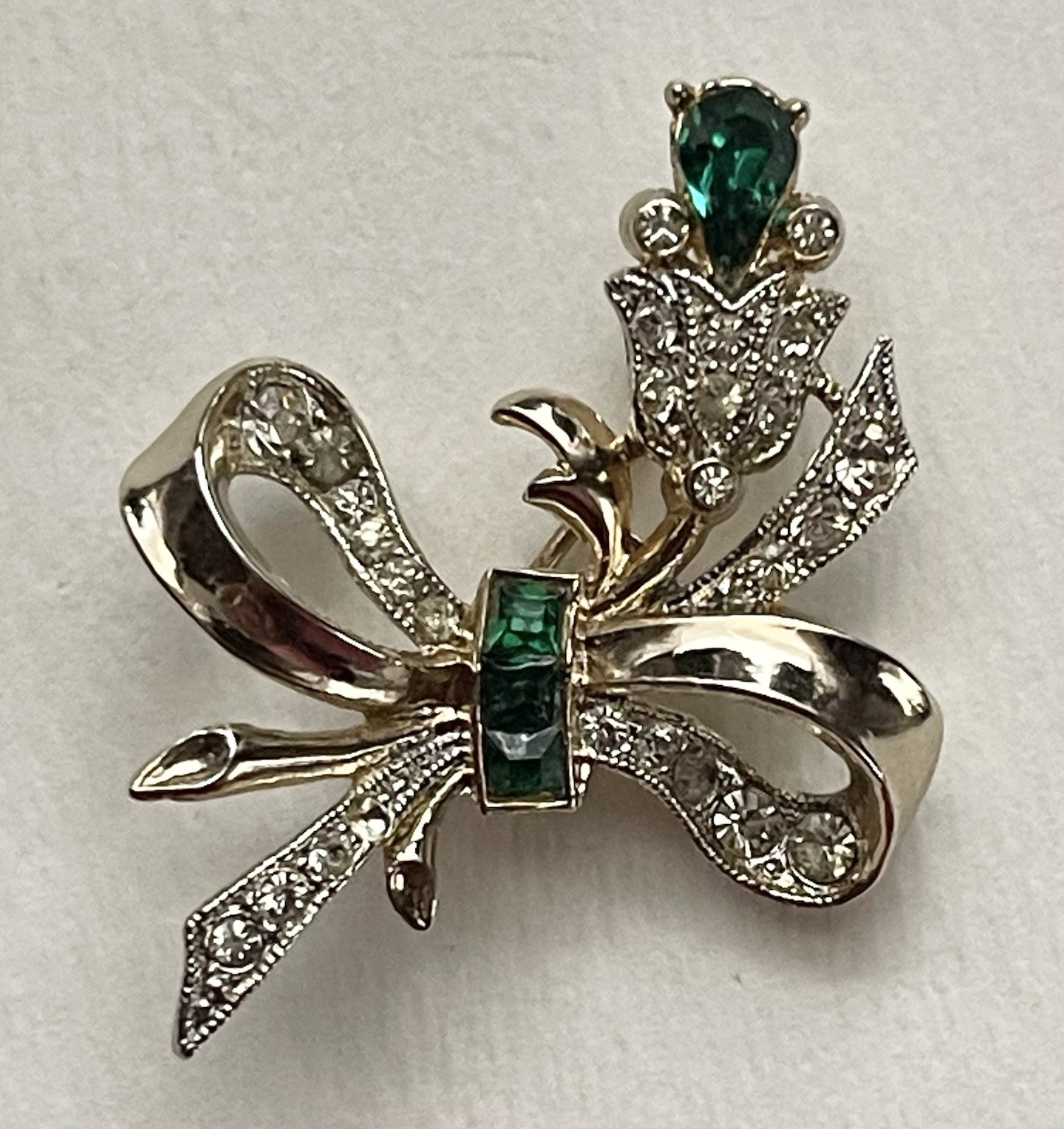 Vintage Coro Green & White Rhinestone Flower Bouquet Bow Brooch Pin