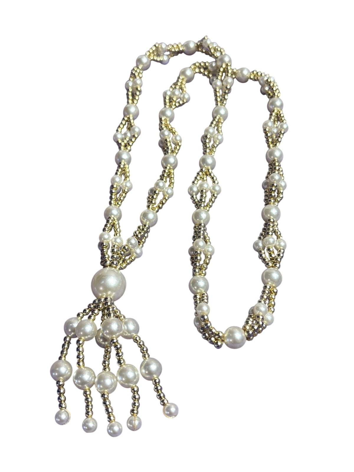 Vintage Beaded Faux Pearl Goldtone Necklace Bead Tassel No Clasp 25 inches Long