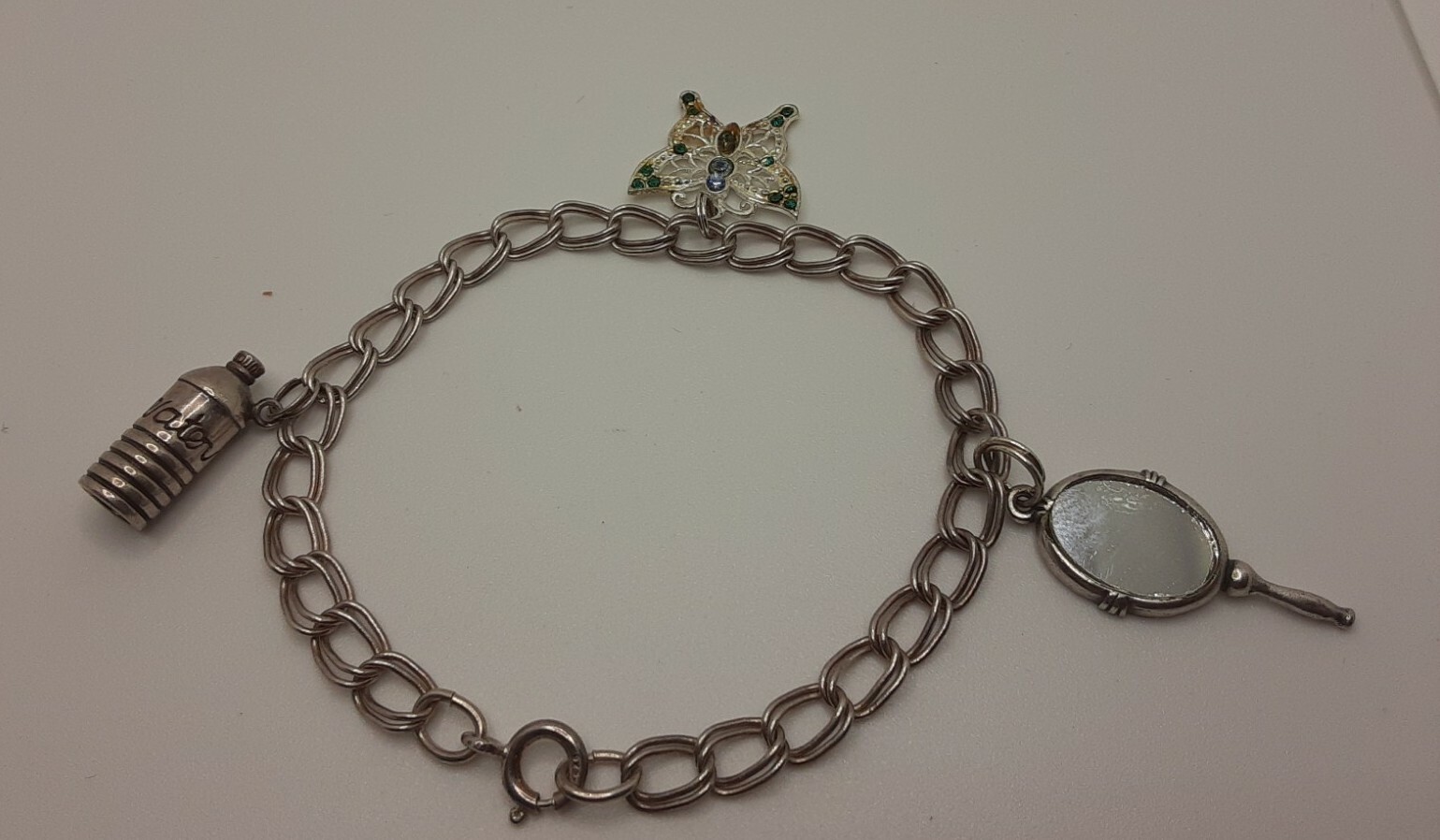 Vintage sterling Silver Loaded Charm Bracelet Mirror Water Bottle 5mm 925 7-1/4″