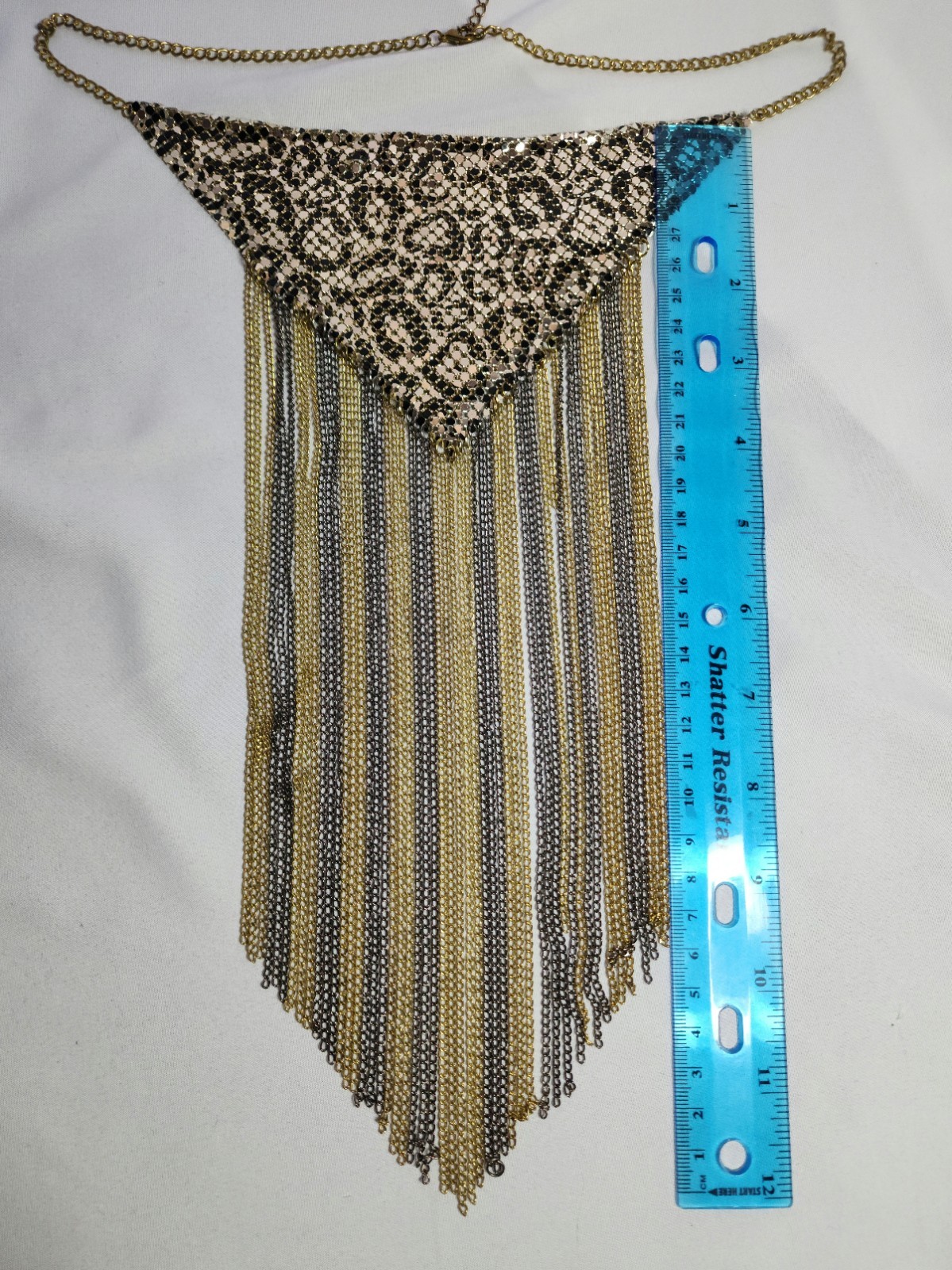 Vintage Gold tone Chainmail Fringe Leopard Statement Necklace 70s