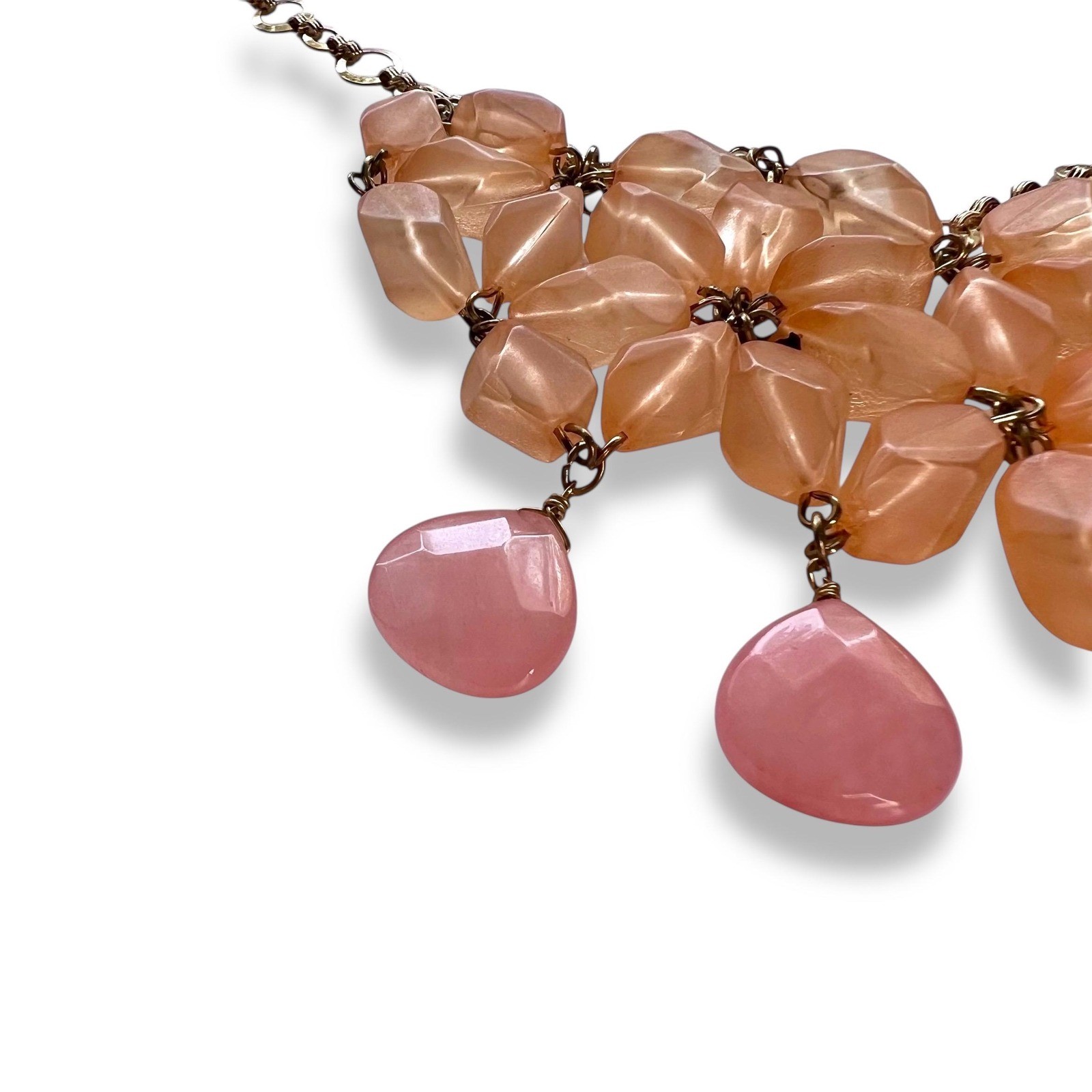 Vintage Bib Necklace Dangle Earring Set Peach Pink Gold Tone Coldwater Creek 21″