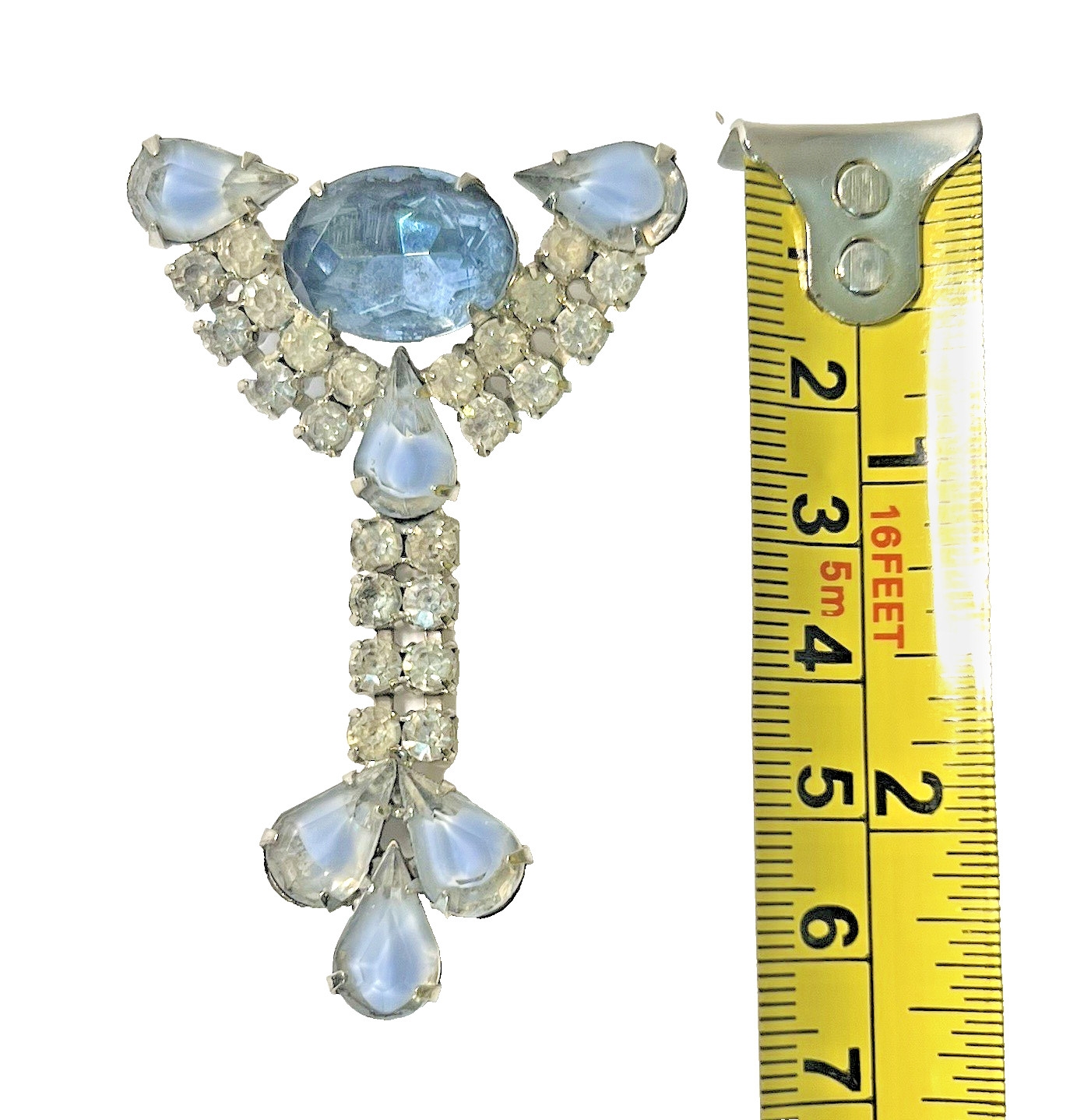 Lrg Vtg Blue Tones Rhinestone Dangle BROOCH w Earrings
