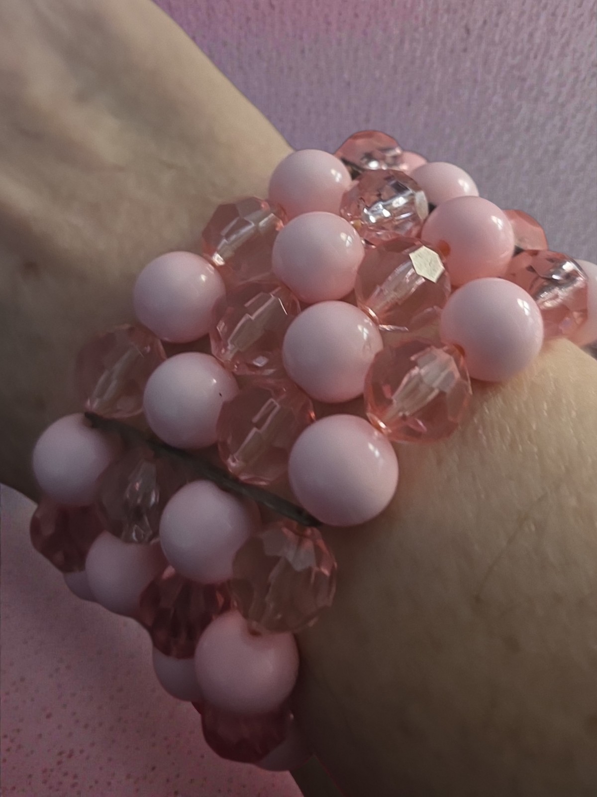 Vintage Pink Four Row Beaded Stretch Bracelet Retro 50’s