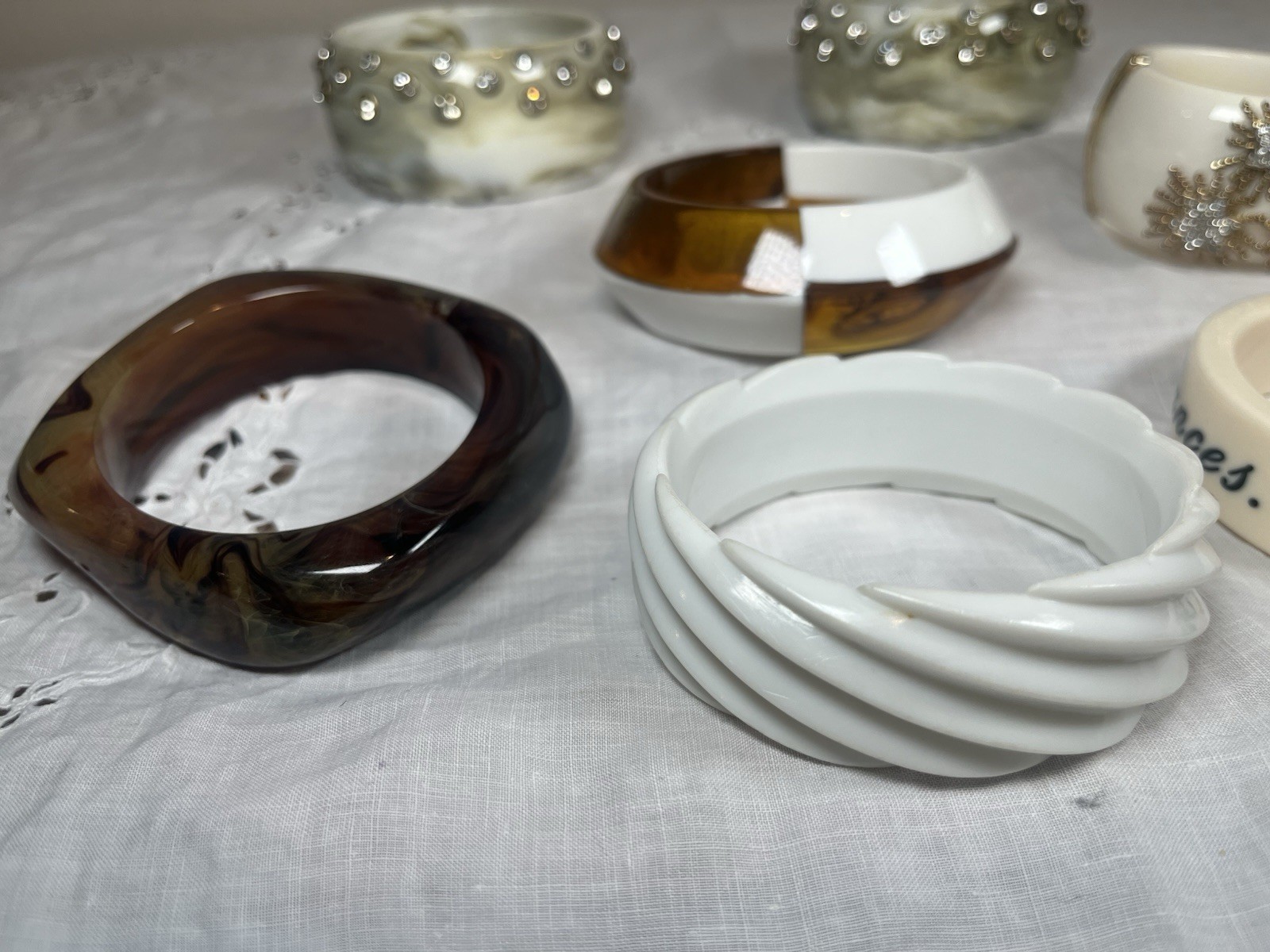 Lot of 7 Chunky Lucite Bangle Bracelets, Clamper, Rhinestones, Earthtones