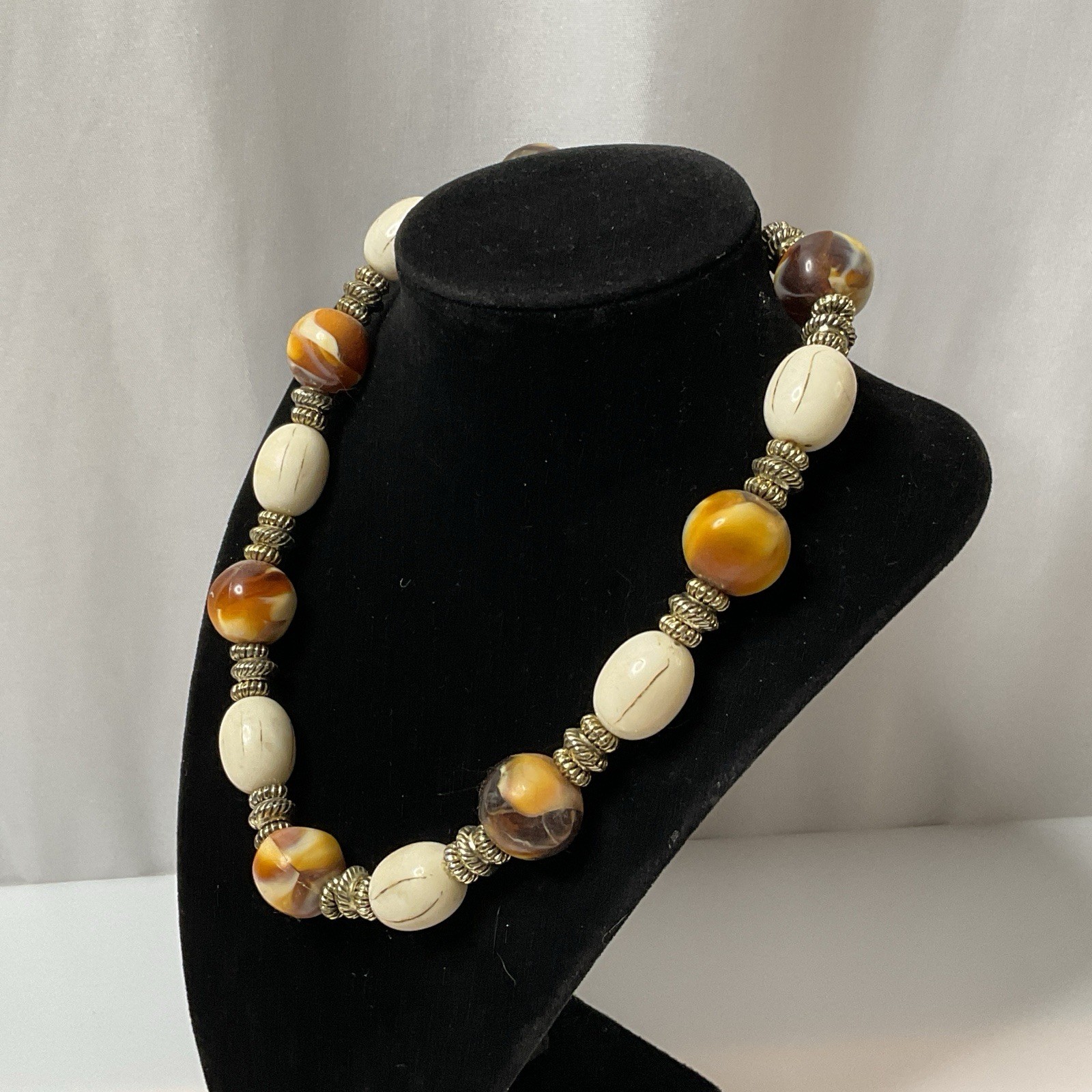 Vintage Chunky Beaded Necklace Resin Faux Amber & Faux Bone Boho Tribal 17-18”