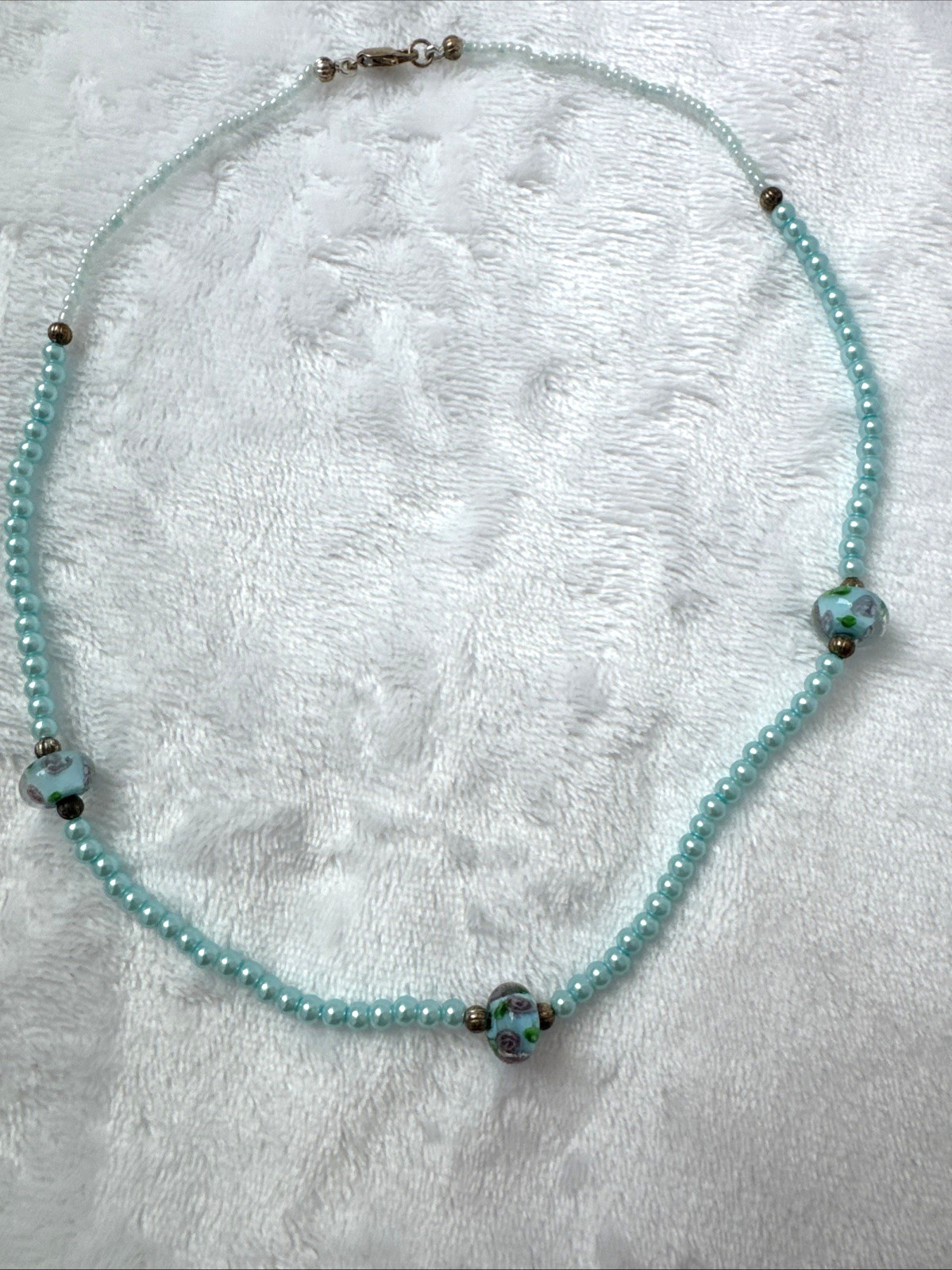 Vintage Light Blue Teal Gold Pearlescent Murano Art Glass Rose Beaded Necklace