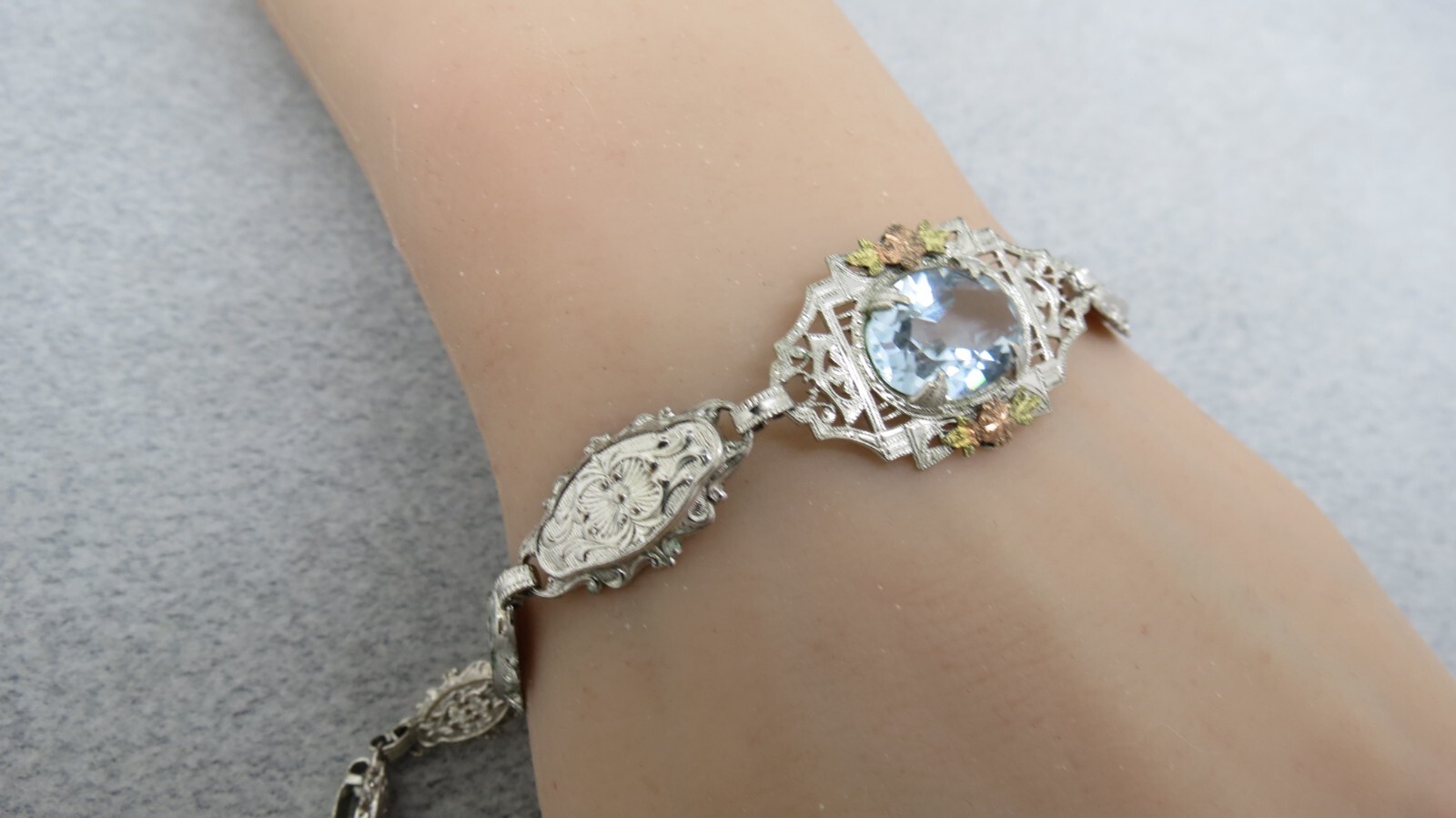 Antique Necklace Bracelet Silver Filigree Purple Stones Rose Gold Accent Flower
