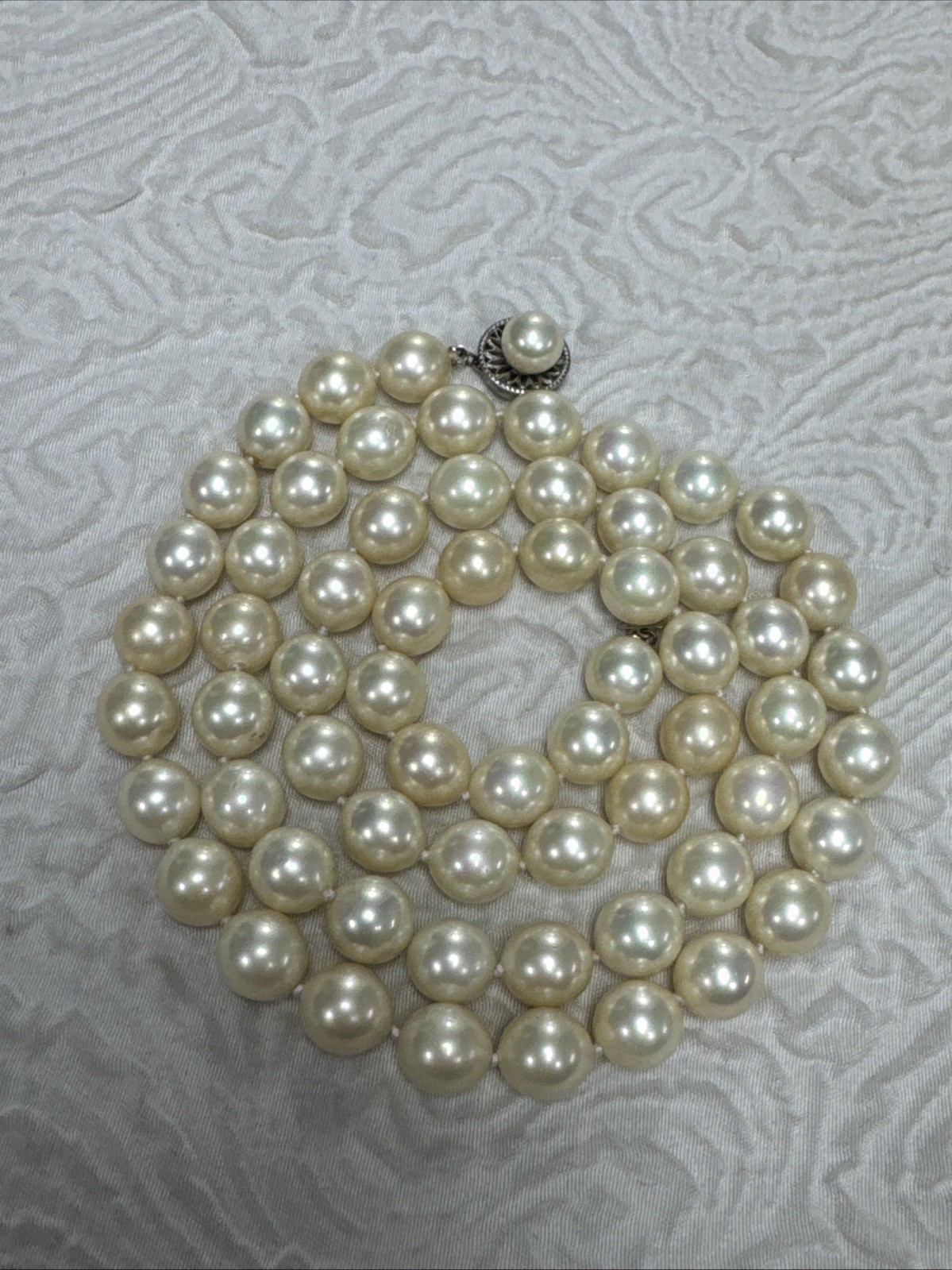 Vintage 1950s Hand Knotted Faux Pearls With Decorative Sterling Pearl Clasp 92 G